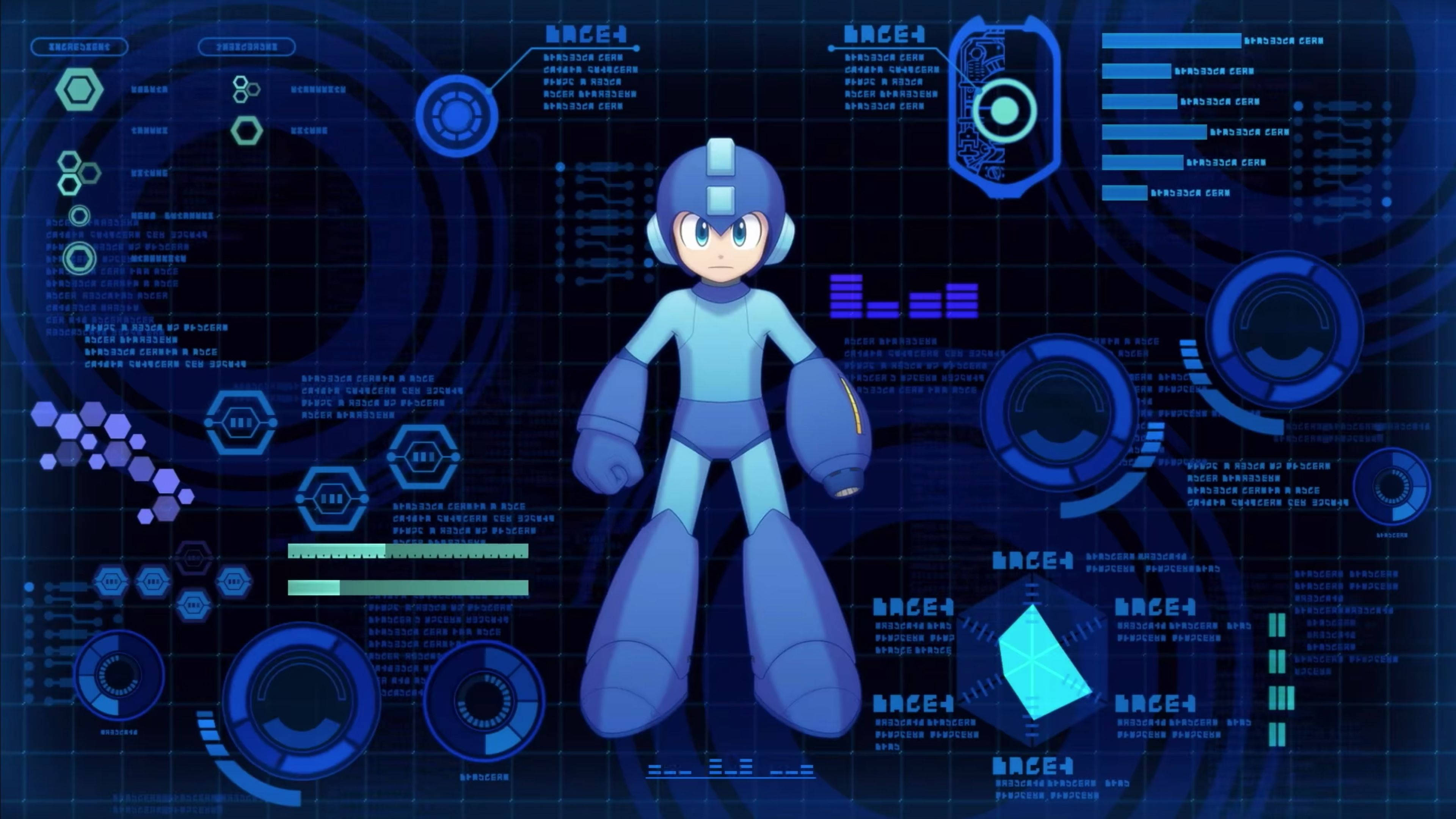 Megaman 桌布 壁紙 — 經典藍色 Mega Man 居中站立，背景是充滿數據讀數和六邊形圖案的發光未來藍色 HUD 介面。
