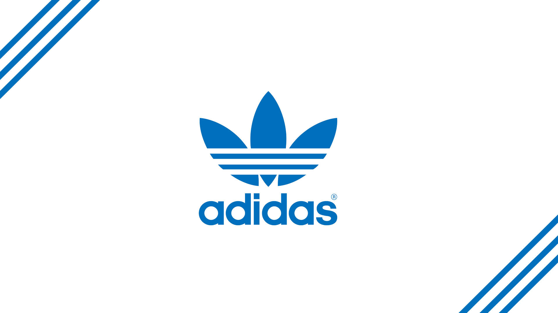 愛迪達 桌布 壁紙 — 經典藍色adidas標誌居中於白色背景，角落有對角線條紋。