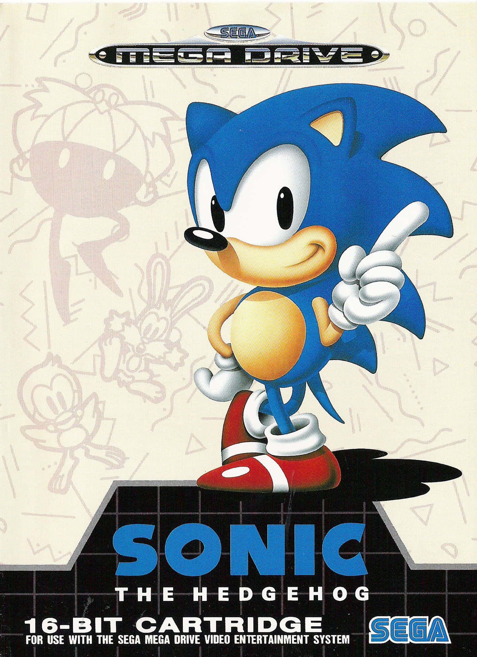 Sonic The Hedgehog 桌布 壁紙 — 經典藍色刺蝟Sonic the Hedgehog自信地穿著他標誌性的紅白鞋子，在帶有模糊角色草圖的米色背景上向上指。