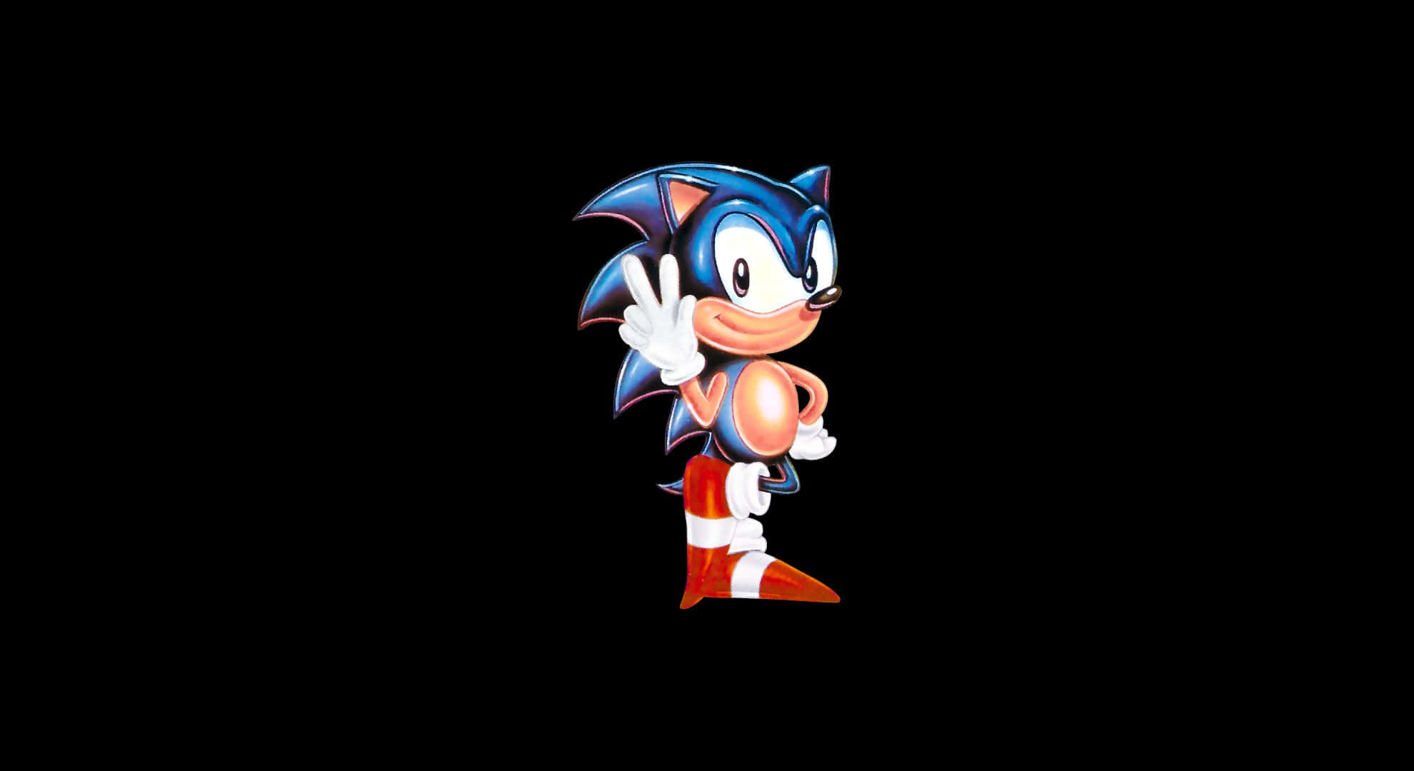Sonic The Hedgehog Characters 桌布 壁紙 — 經典藍色刺蝟索尼克（Sonic the Hedgehog）在純黑背景上愉快地揮手。