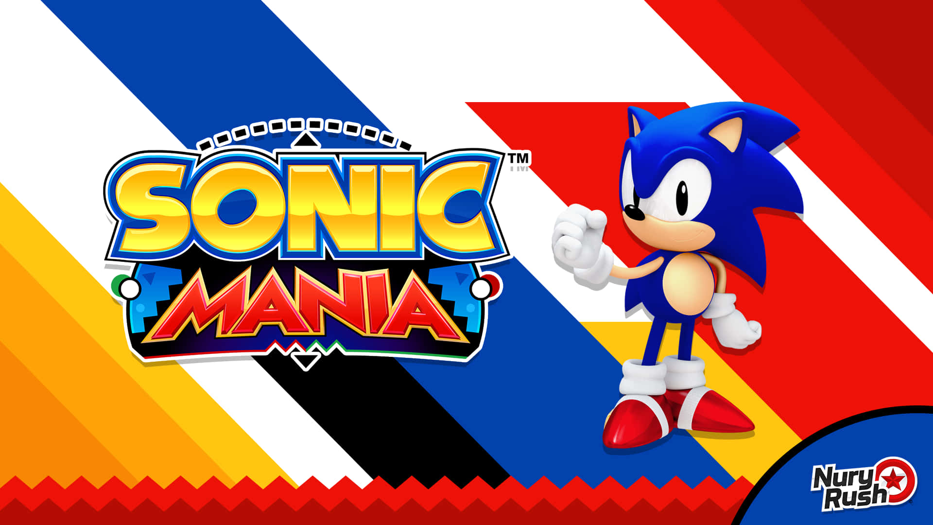 索尼克 桌布 壁紙 — 經典藍色的音速小子自信地站在Sonic Mania標誌旁邊，背景是紅、藍、黃、白條紋的大膽幾何圖案。