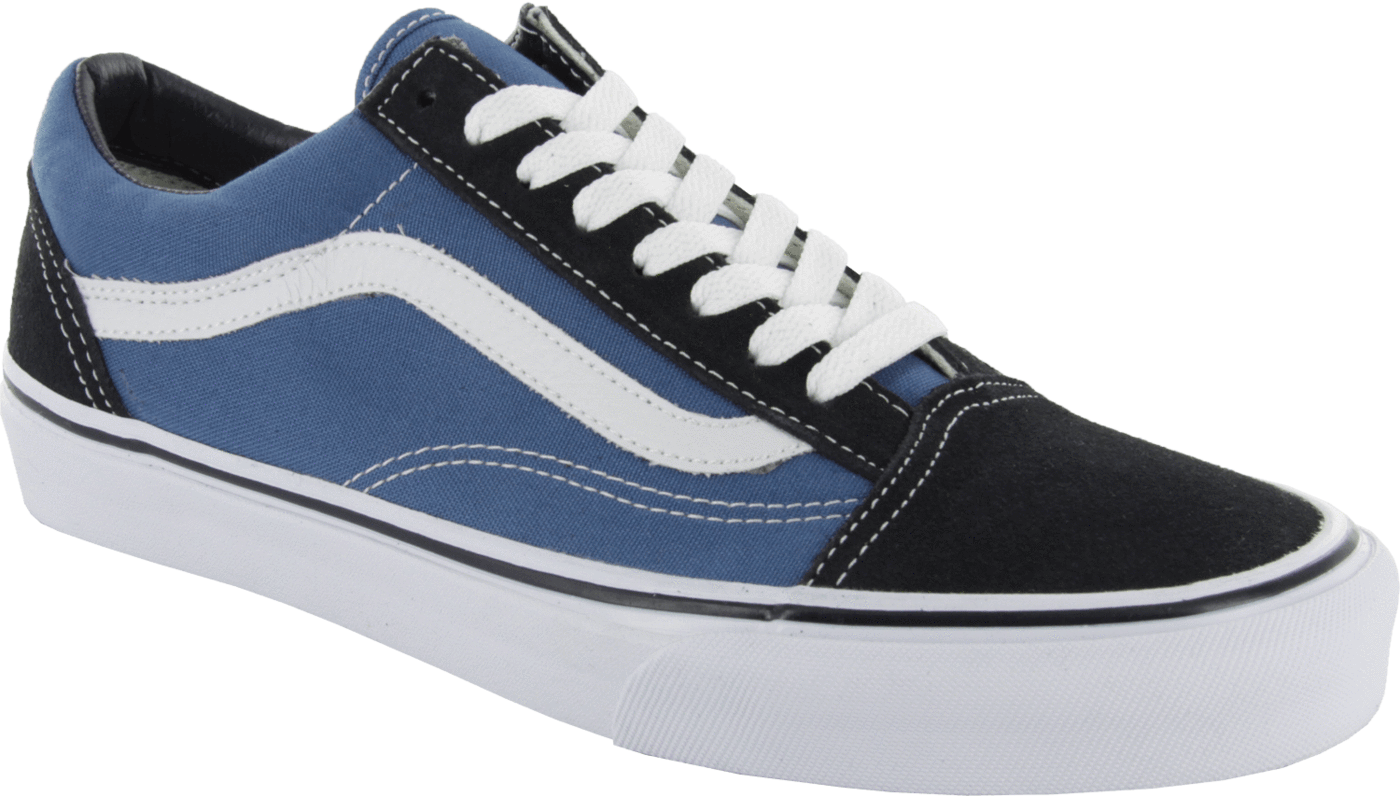 Vans 桌布 壁紙 — 經典藍黑Vans Old Skool運動鞋，搭配白色鞋帶和條紋，背景透明。