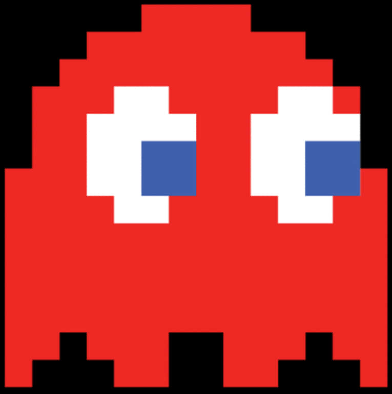 Pacman 桌布 壁紙 — 經典街機遊戲 Pacman 中一個像素化的紅色鬼魂，有白色眼睛和藍色瞳孔。