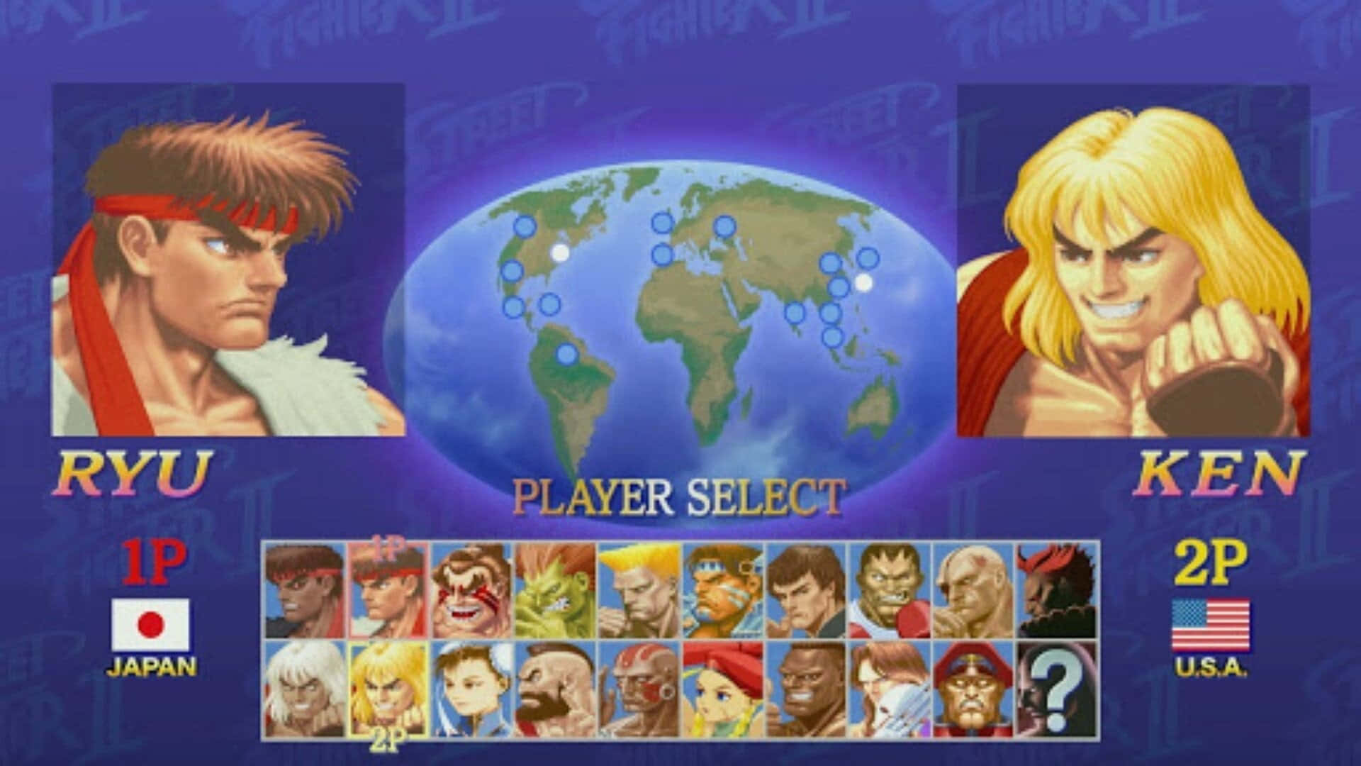 Fighting Games 桌布 壁紙 — 經典街頭霸王 II 玩家選擇畫面，包含 Ryu 和 Ken、世界地圖和角色網格。