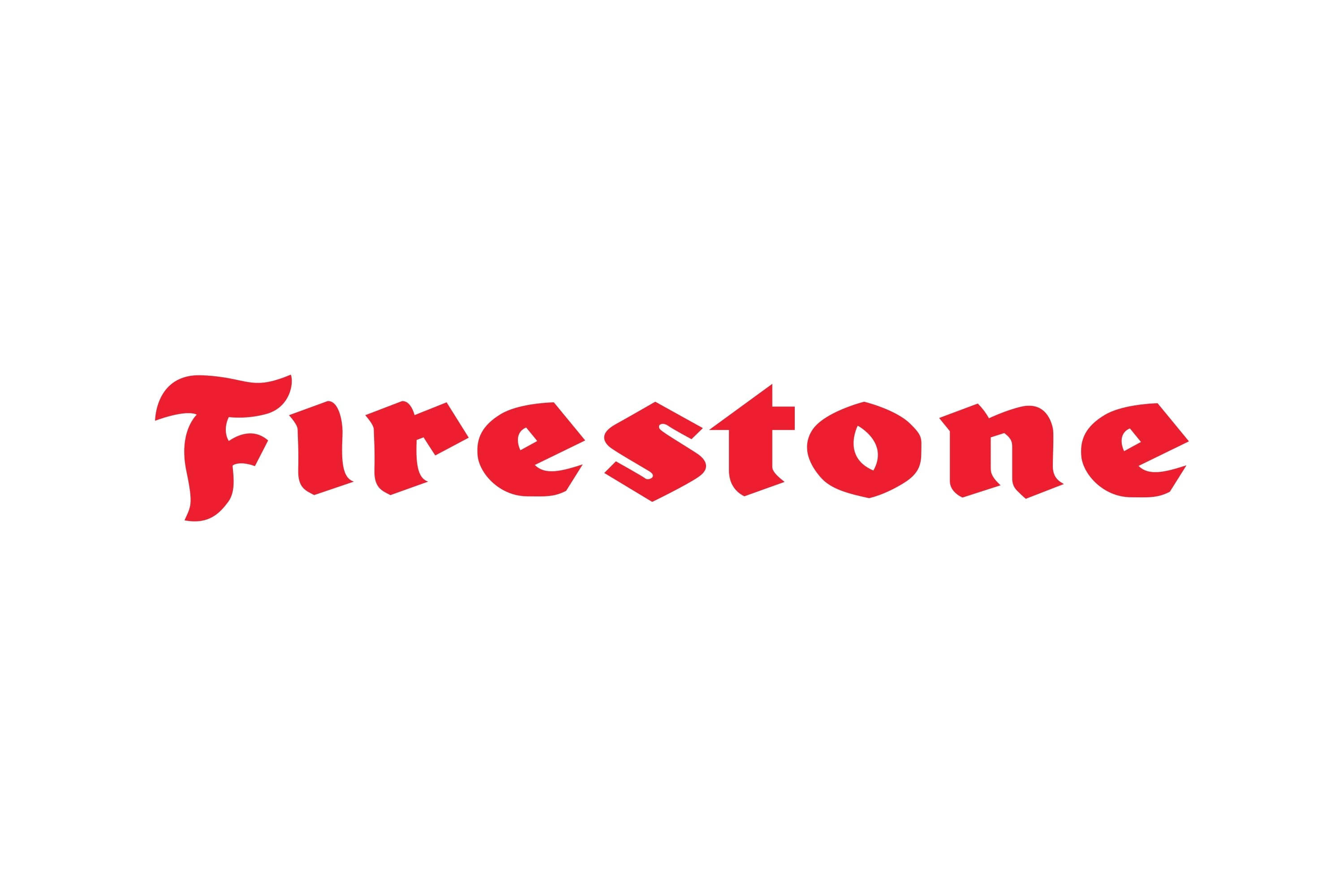 標誌 桌布 壁紙 — 經典襯線字體的大膽紅色 Firestone 標誌，居中放置在潔淨的白色背景上。