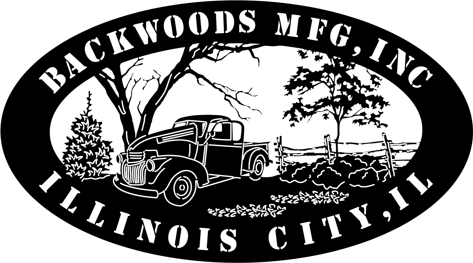 Backwoods 桌布 壁紙 — 經典貨車停泊在無葉樹下，旁邊有籬笆，採用鮮明的黑白標誌設計。