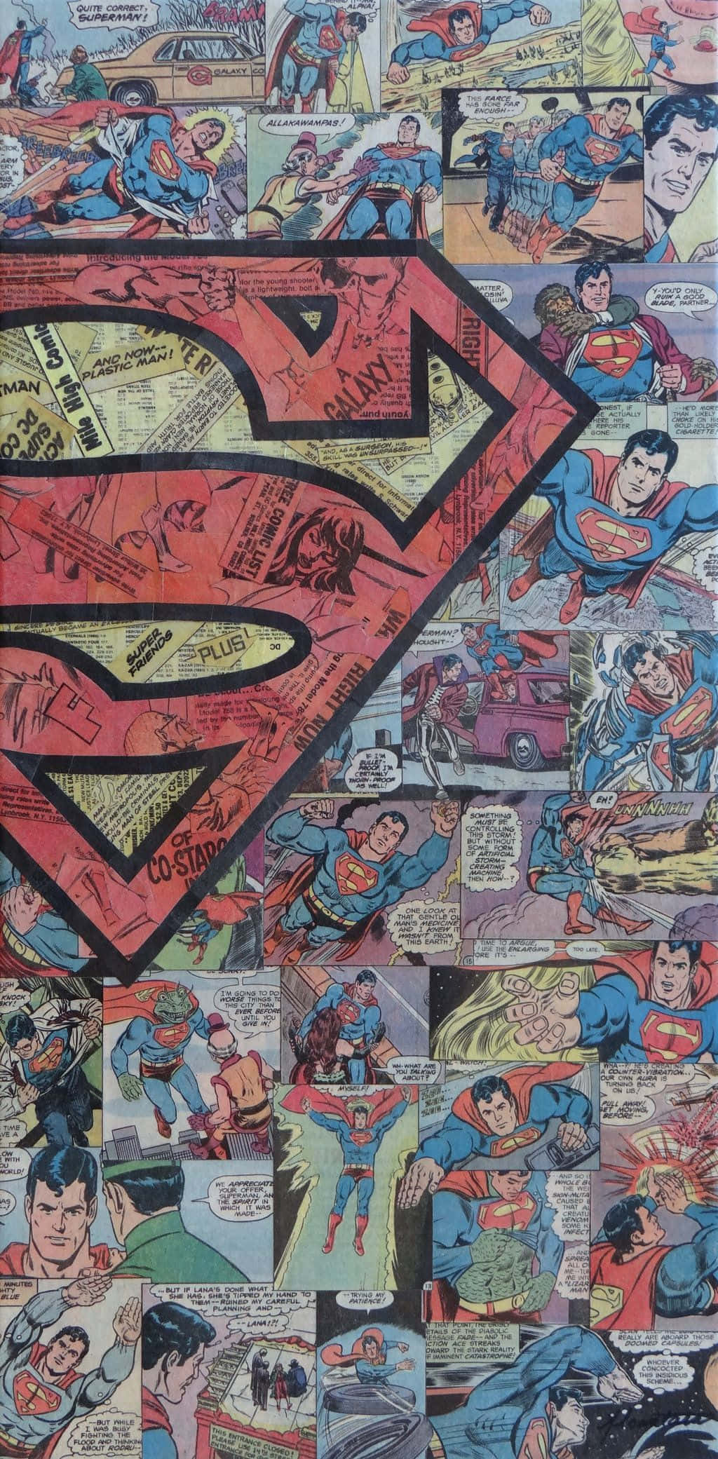 Superhero Collage 桌布 壁紙 — 經典超人漫畫面板的鮮豔拼貼畫，帶有鮮明的紅、藍、黃色調，並展示標誌性的S盾牌標誌。