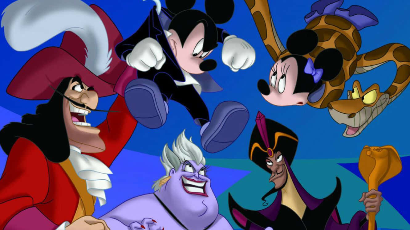 Cartoon Villains 桌布 壁紙 — 經典迪士尼反派與英雄在動感動畫構圖中，以鮮明藍色背景襯托。