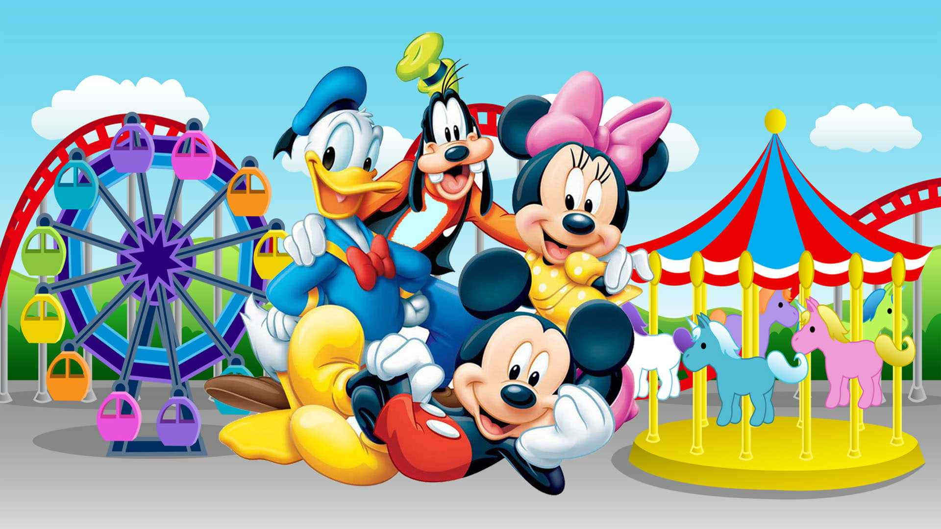 Mickey Mouse Desktop 桌布 壁紙 — 經典迪士尼角色在色彩繽紛的嘉年華前面開心擺姿勢，有摩天輪和旋轉木馬。