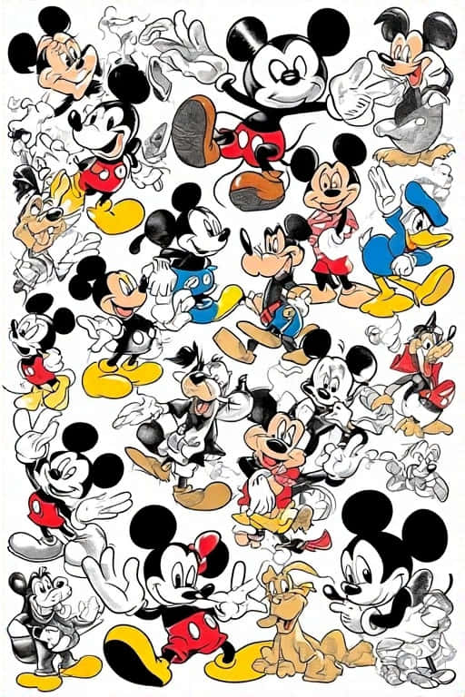 Retro Mickey & Friends Comic Pop 壁紙 — 經典迪士尼角色如米奇老鼠、唐老鴨和高飛的鮮明拼貼畫，展現各種姿勢和表情。