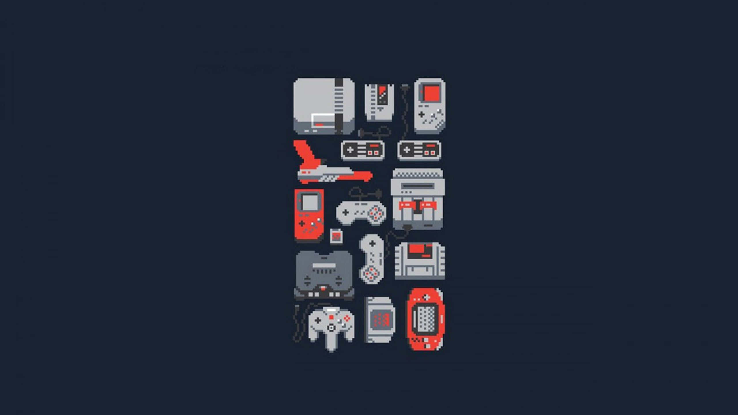 Retro Gaming 桌布 壁紙 — 經典遊戲主機和控制器垂直排列在深色背景上的像素藝術拼貼畫。