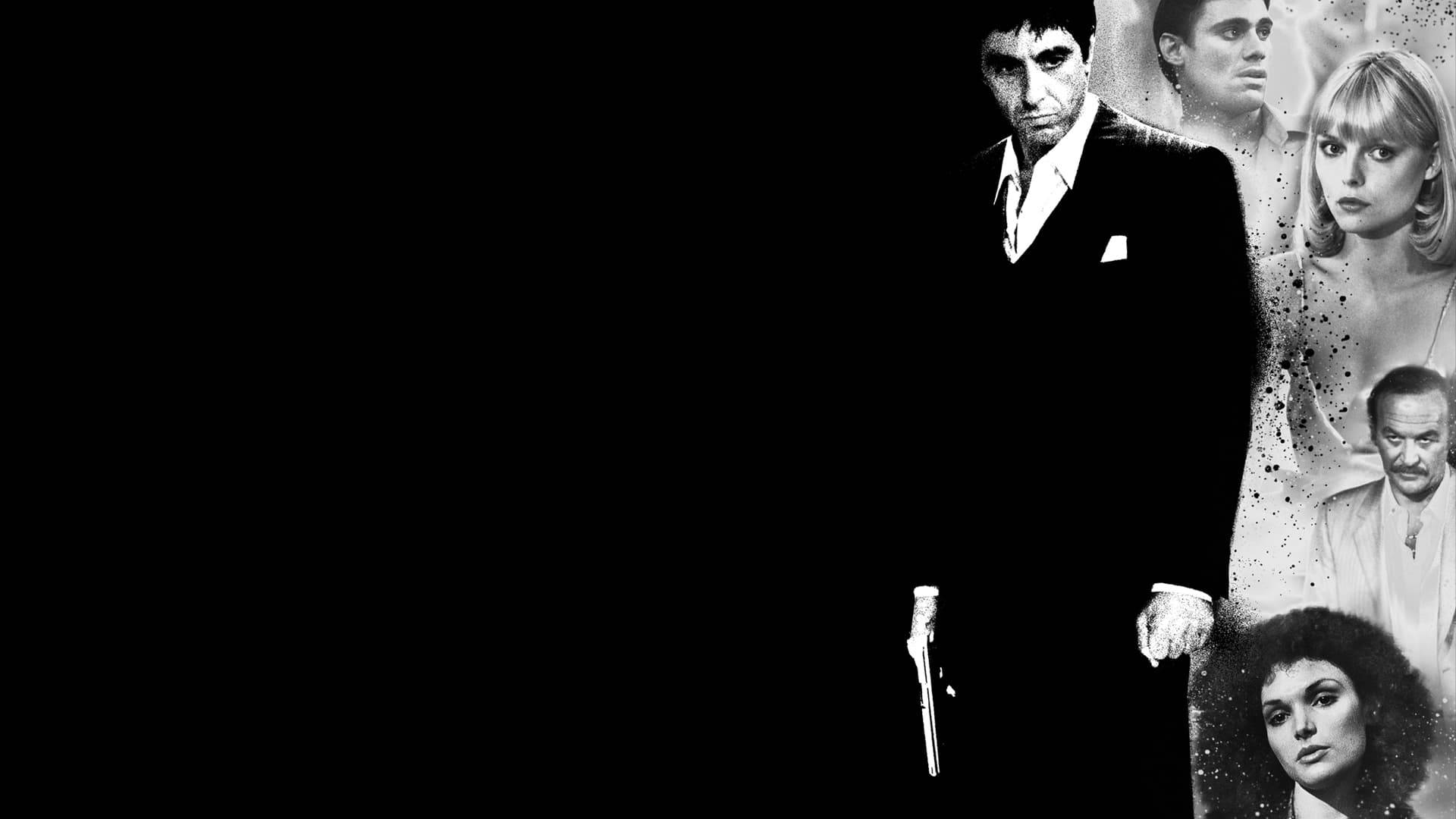 Al Pacino Scarface 桌布 壁紙 — 經典電影角色的黑白拼貼，中央人物手持槍枝，背景為純黑。