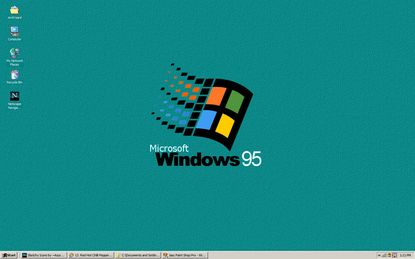 Windows 95 動態圖 桌布 壁紙 — 經典青綠色 Windows 95 桌面桌布，帶有標誌性標誌和復古開始功能表。