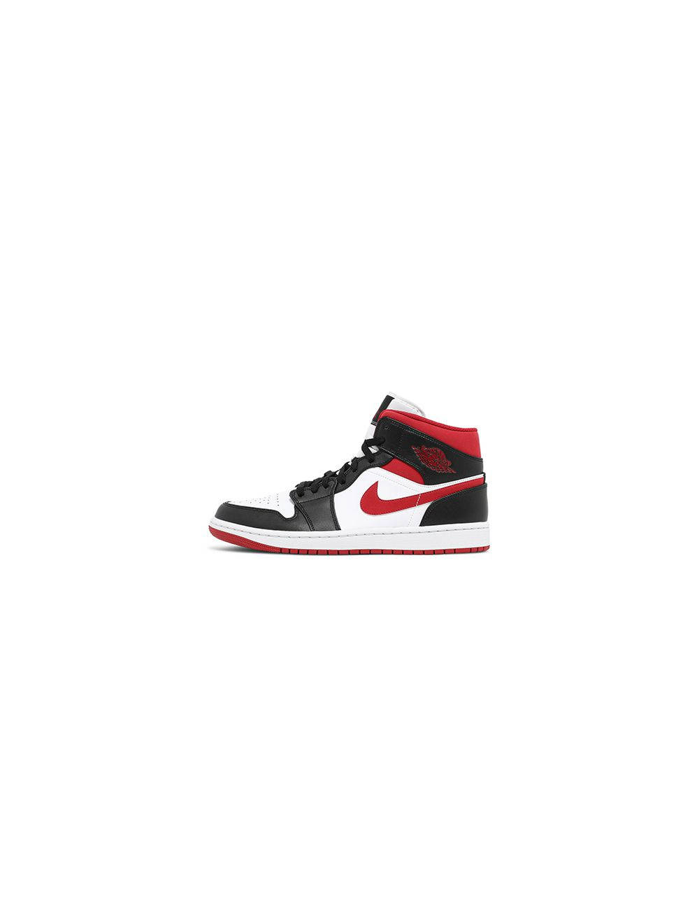 Nike Air Jordan 1 桌布 壁紙 — 經典高筒運動鞋，採用黑、白、紅三色拼接設計，在純白背景上搭配搶眼的紅色勾號。