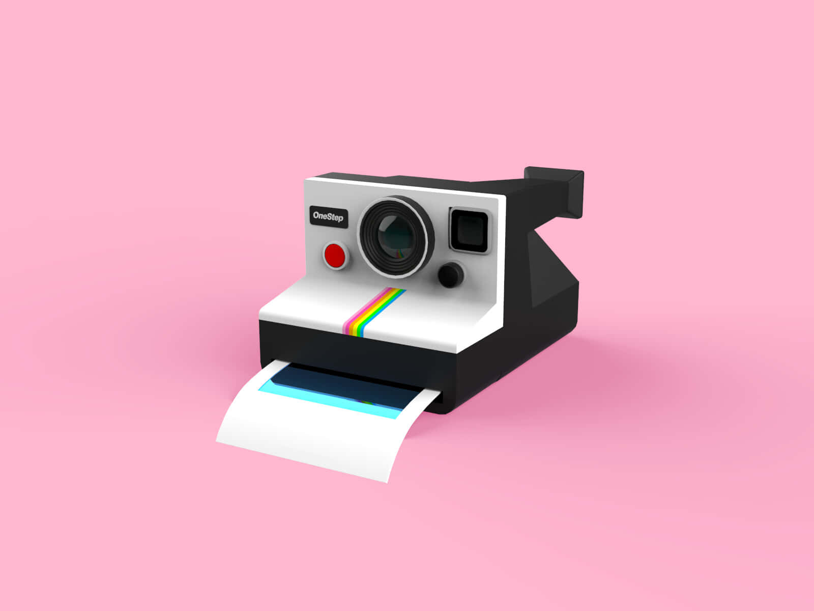 Polaroid Camera 桌布 壁紙 — 經典黑白Polaroid OneStep相機在柔和粉紅色背景上彈出一張彩色即時照片。
