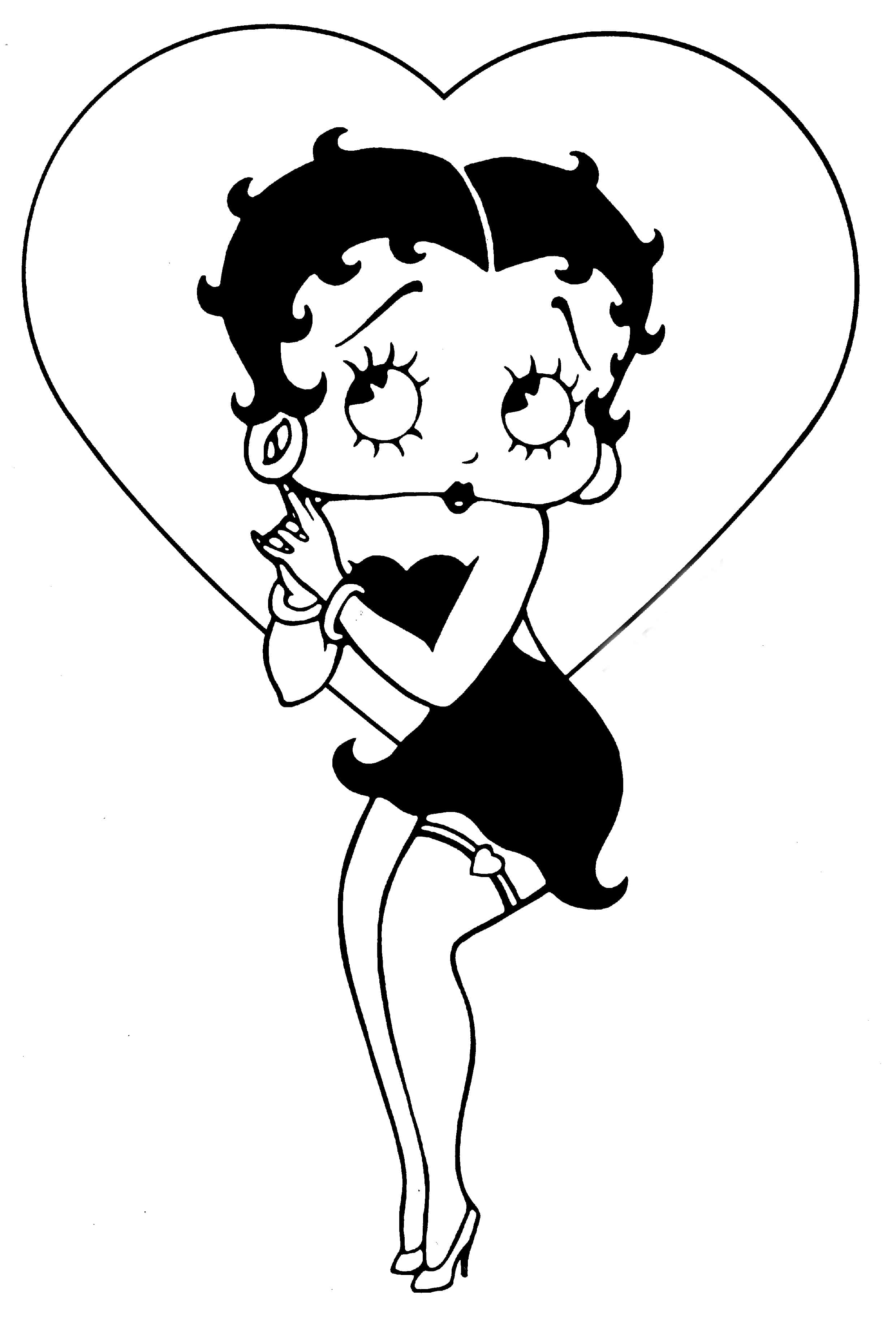 貝蒂娃娃 桌布 壁紙 — 經典黑白卡通角色 Betty Boop 在愛心輪廓內俏皮擺姿勢。