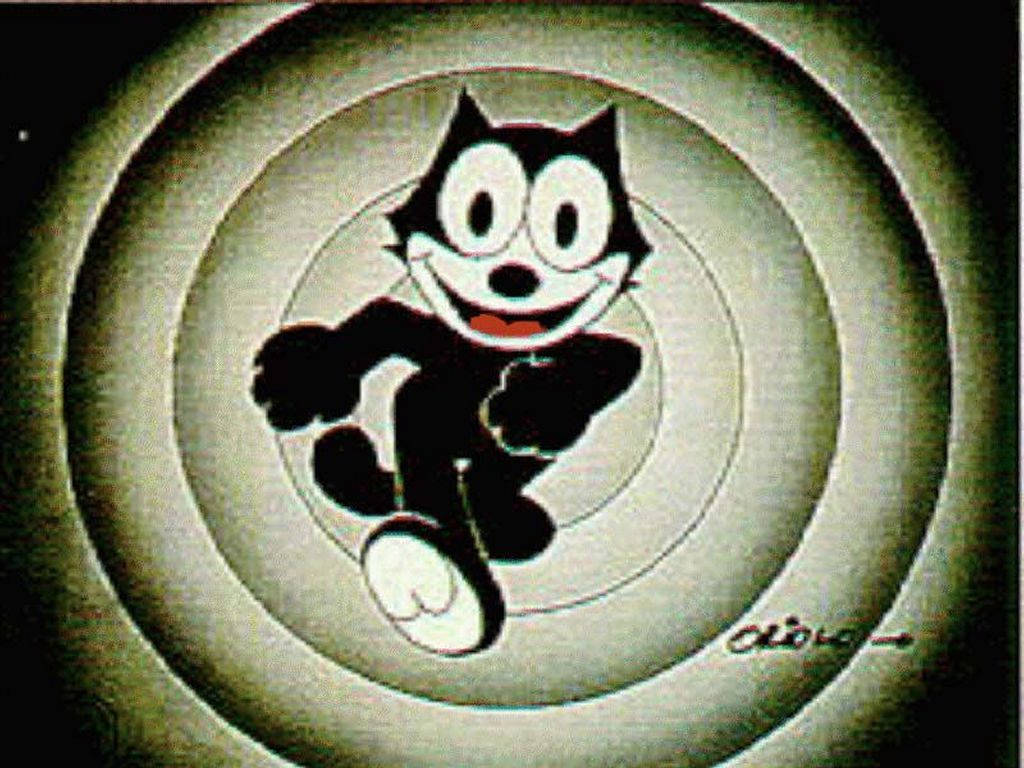 Felix 桌布 壁紙 — 經典黑白卡通貓 Felix the Cat 愉快地穿過同心圓，帶有復古底片顆粒效果。