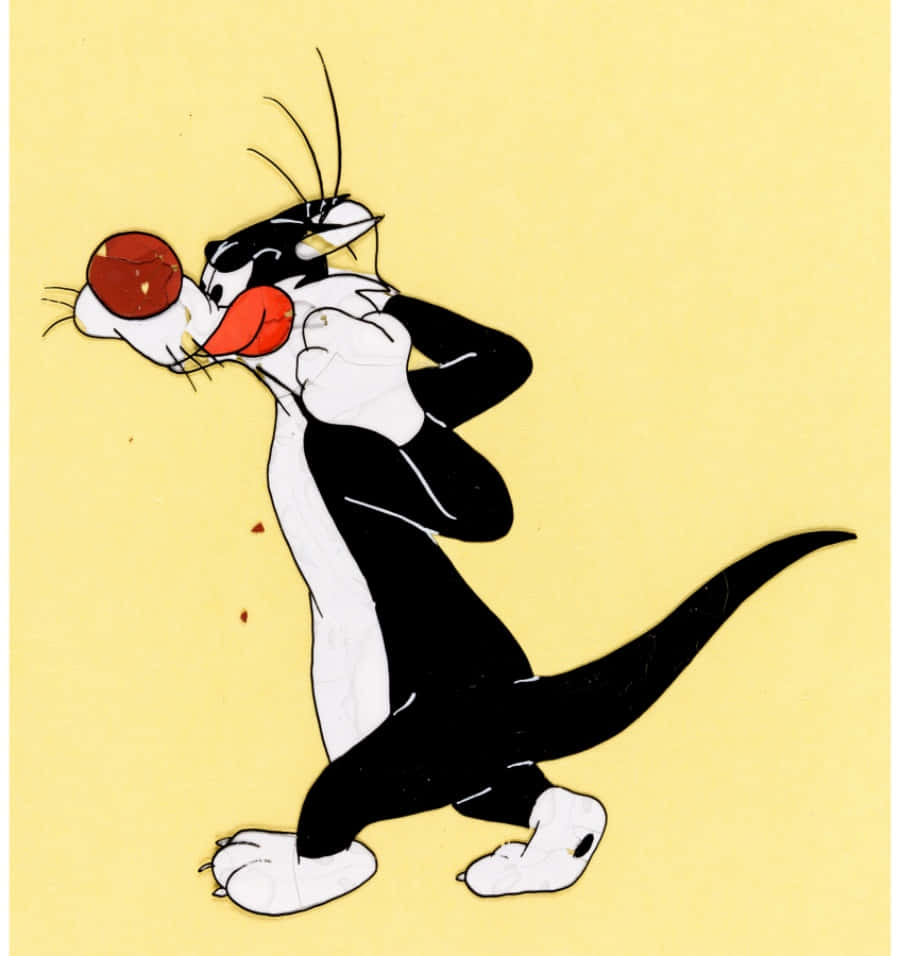 Sylvester The Cat 桌布 壁紙 — 經典黑白卡通貓，紅鼻子和紅爪，在淡黃色背景上拿著一個紅球。