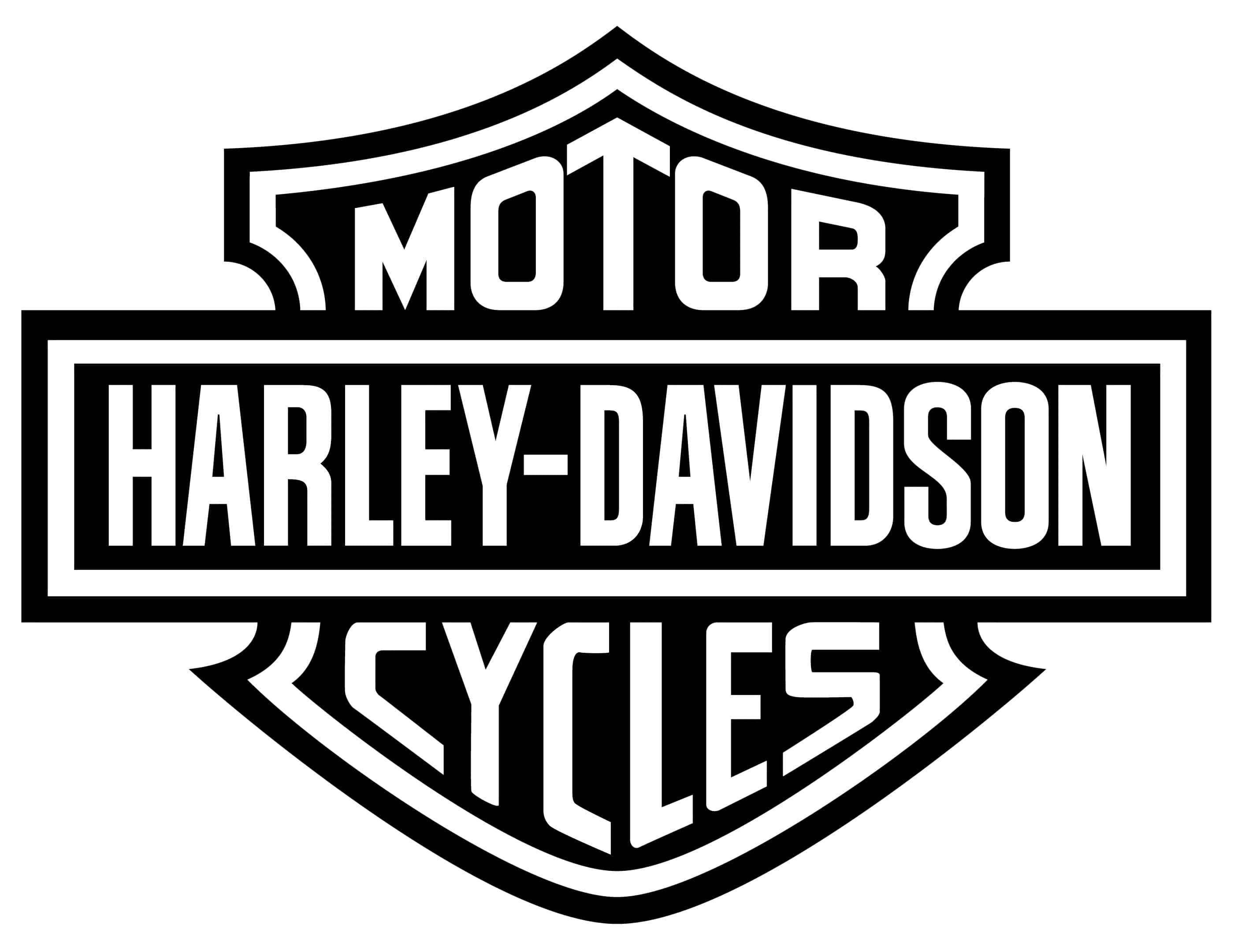 Black And White Logo 桌布 壁紙 — 經典黑白哈雷戴維森標誌，粗體字樣和盾牌形狀，背景簡潔。