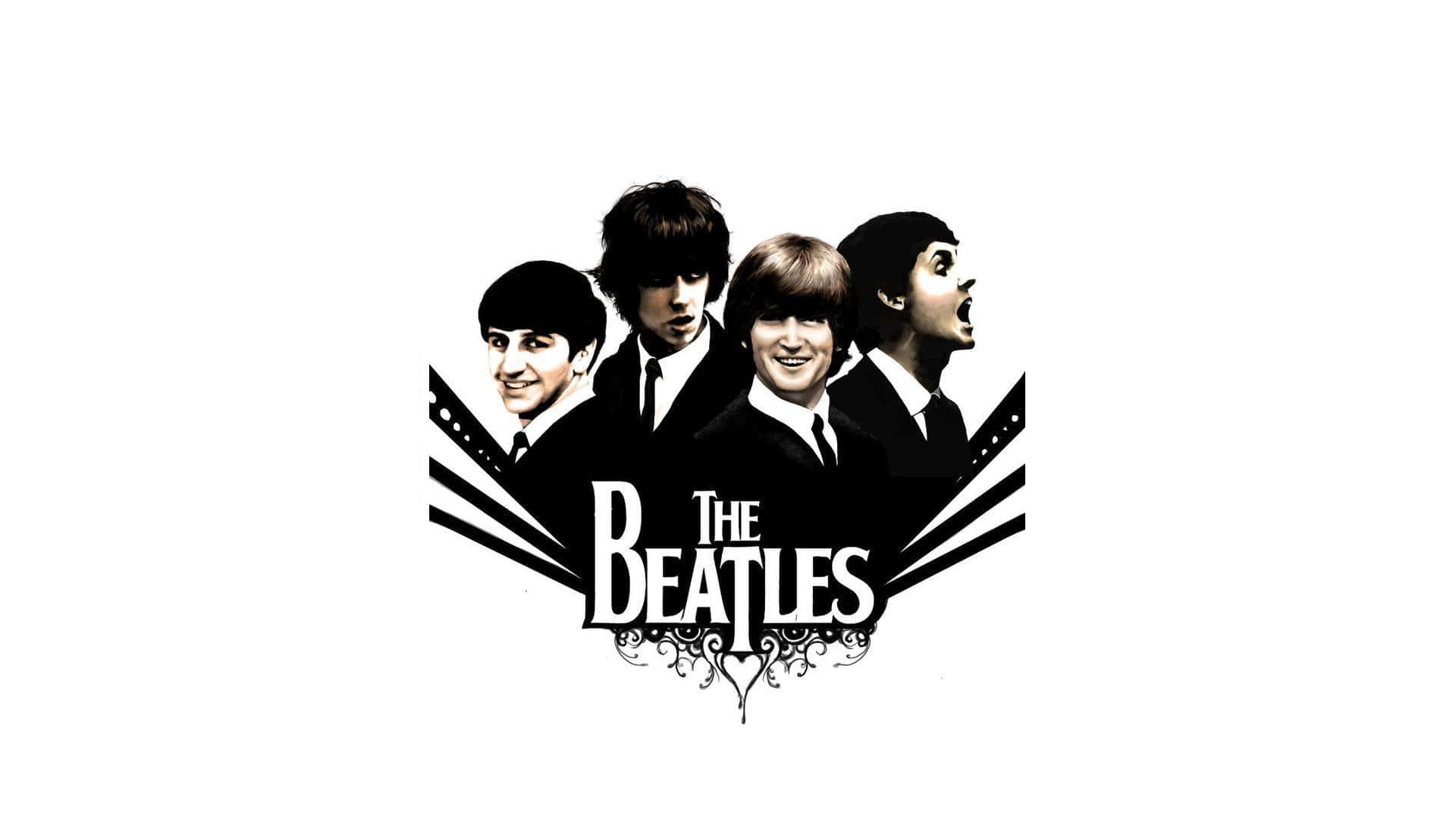 the beatles 桌布 壁紙 — 經典黑白插圖，描繪披頭四樂團，搭配粗體字體和裝飾性花紋，背景為白色。