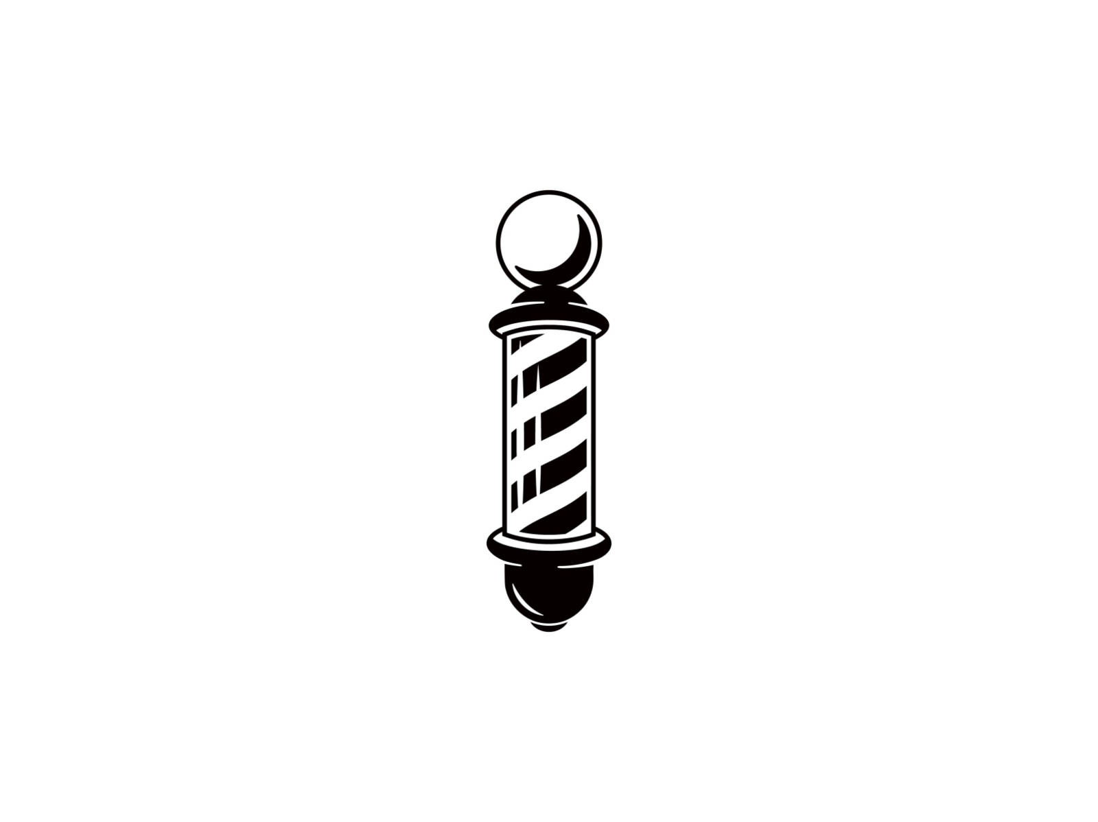 Barber 桌布 壁紙 — 經典黑白理髮店旋轉燈柱，帶有對角條紋和球形頂部，背景為純白色。