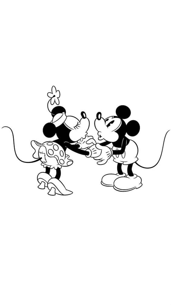 Kiss 桌布 壁紙 — 經典黑白線條藝術，描繪米奇和米妮老鼠以浪漫姿勢甜蜜親吻。