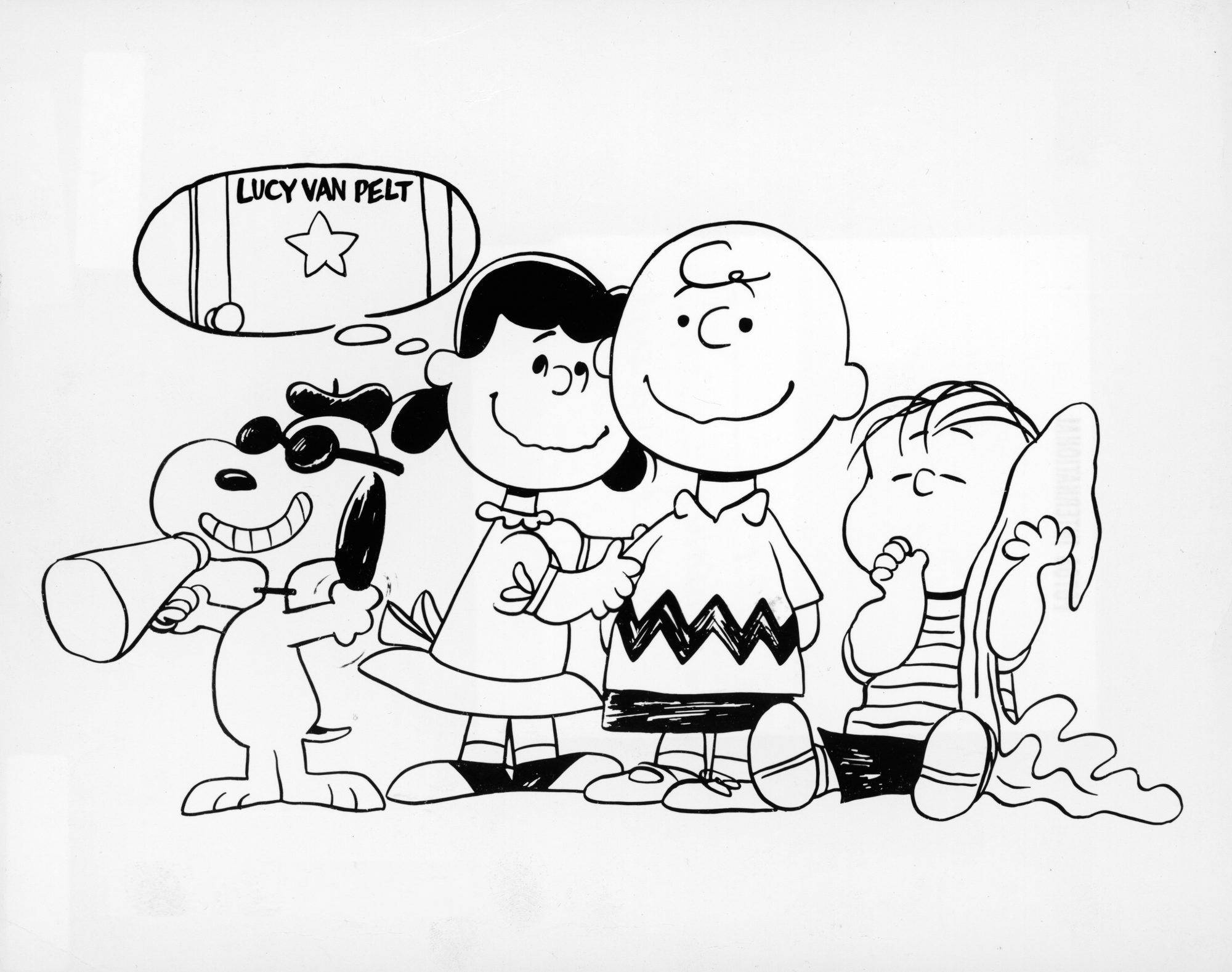 lucy 桌布 壁紙 — 經典黑白花生漫畫角色，包括 Lucy、Snoopy 和 Charlie Brown，以歡樂的群體姿勢呈現。