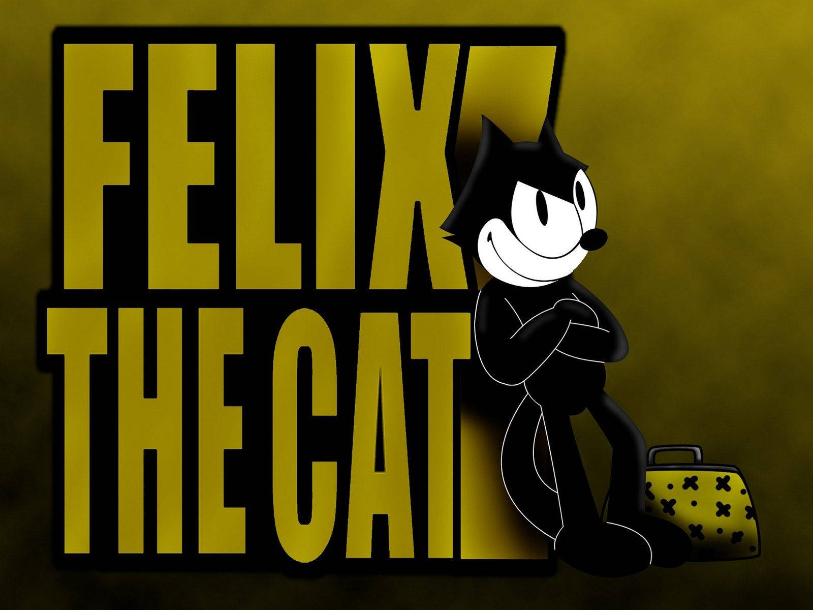 Felix 桌布 壁紙 — 經典黑白菲力貓卡通角色自信地站在紋理芥末背景上的粗體黃色文字旁邊。
