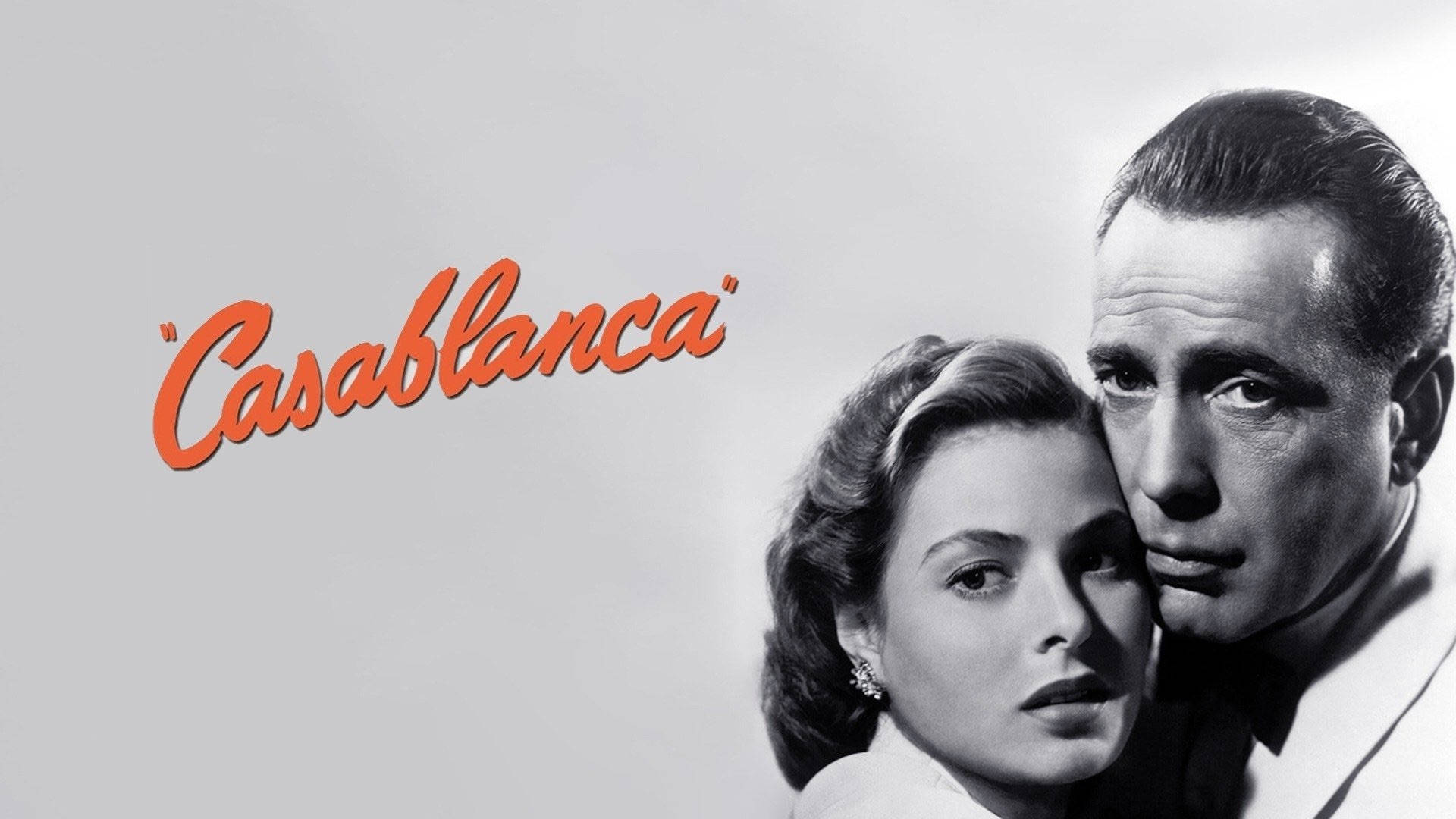Casablanca 桌布 壁紙 — 經典黑白電影《北非諜影》海報， featuring 英格麗·褒曼和亨弗萊·鮑嘉在感人特寫中，帶有橙色標題文字。