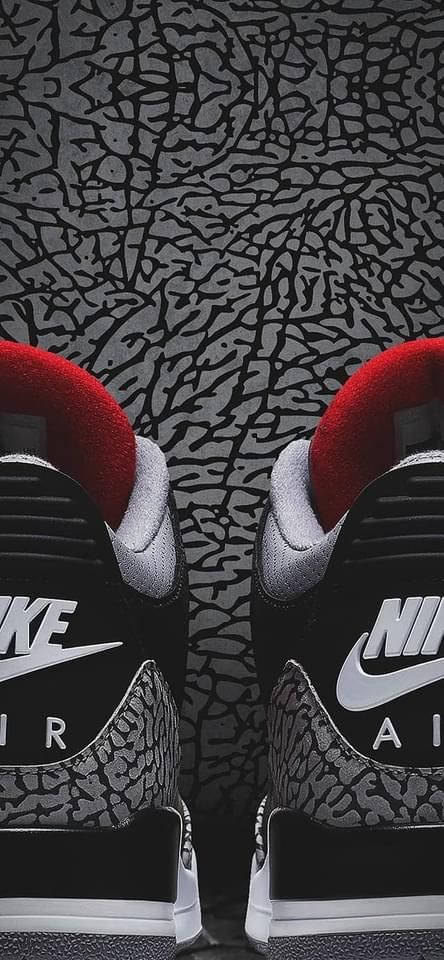 桌布 壁紙 — 經典黑紅 Nike Air Jordan 3 運動鞋的特寫，背景為相配的大象印花圖案。