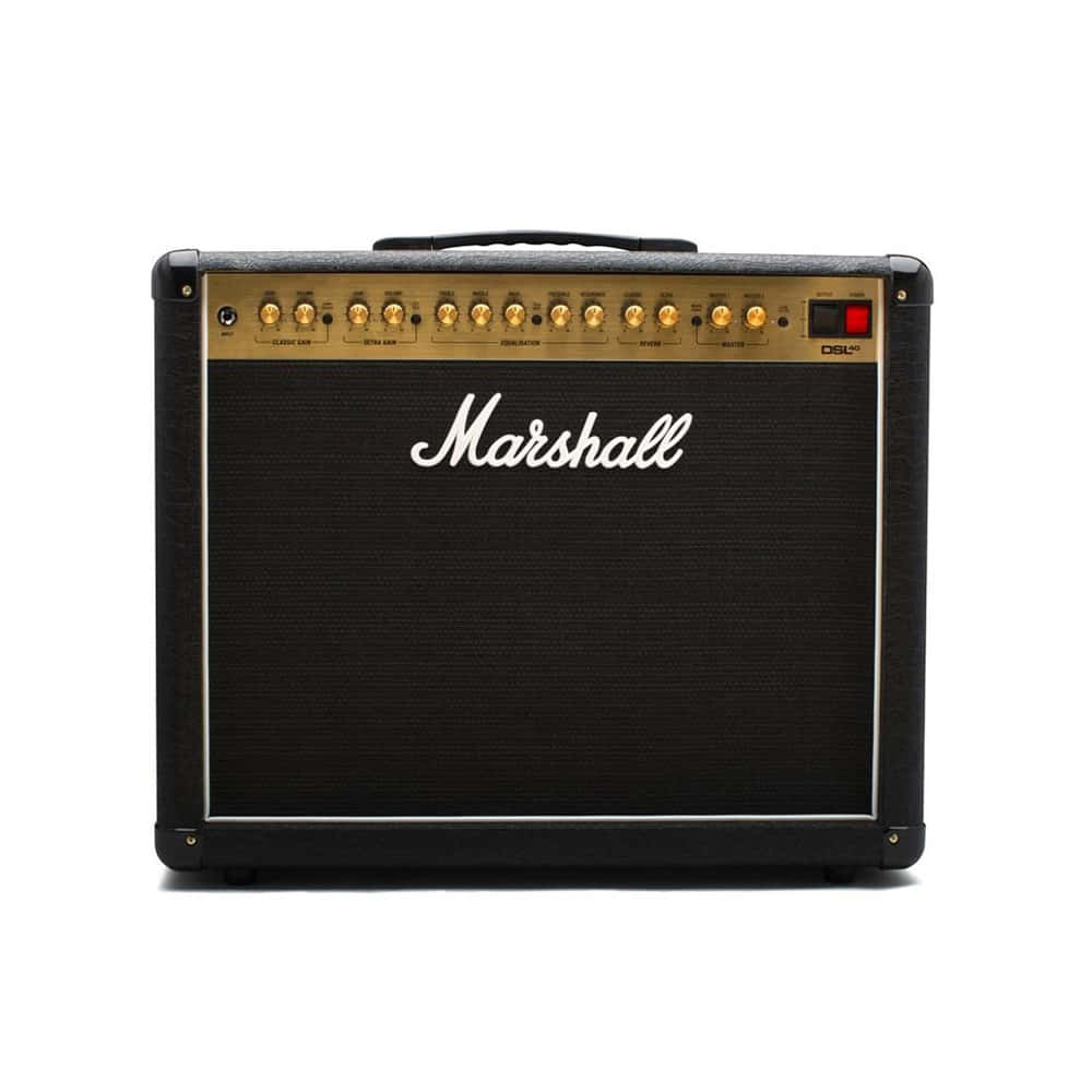 Marshall 桌布 壁紙 — 經典黑色Marshall DSL20C吉他音箱，金色旋鈕和白色標誌，置於純白背景前。