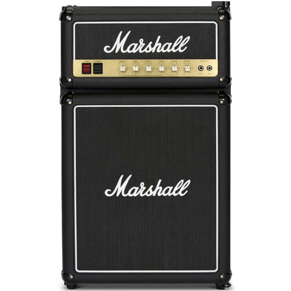 Marshall 桌布 壁紙 — 經典黑色Marshall吉他音箱，配金色控制面板和白色字體標誌，置於純白背景前。
