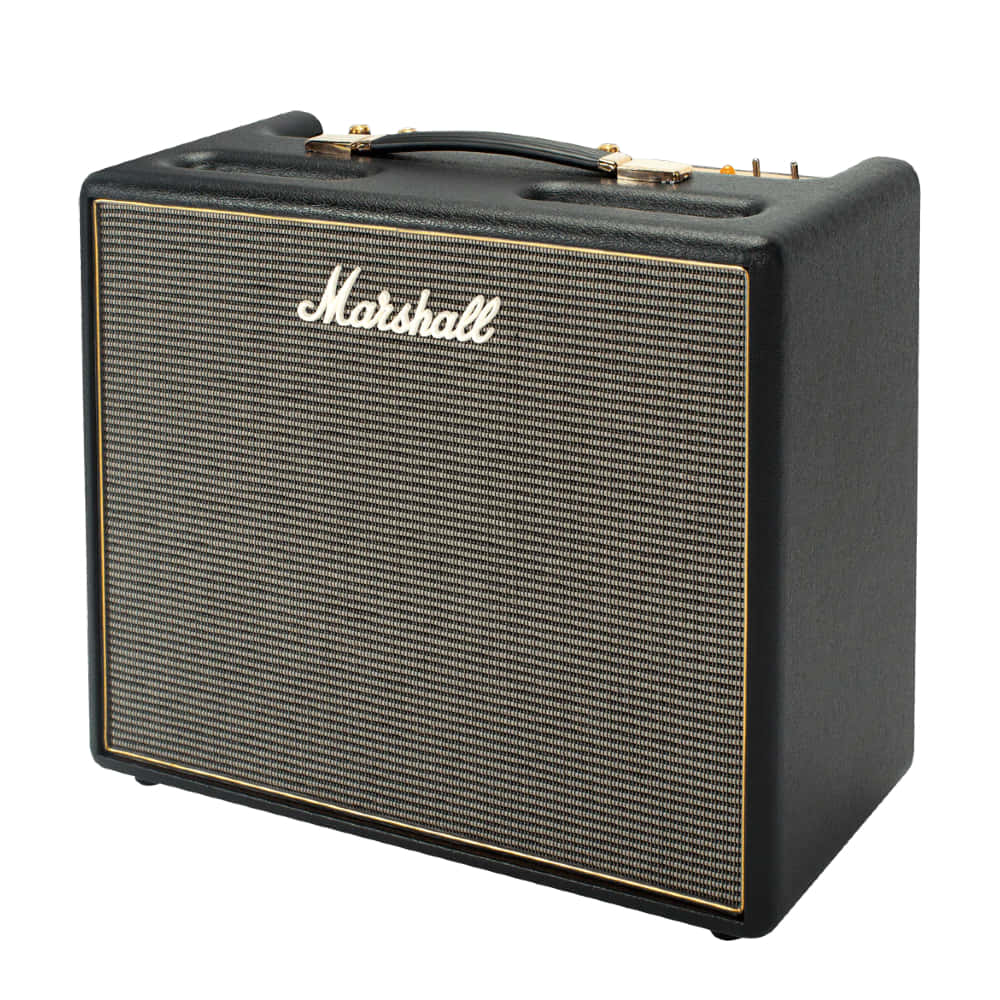 Marshall 桌布 壁紙 — 經典黑色Marshall吉他音箱，搭配金色飾邊和紋理網格，置於純白背景前。