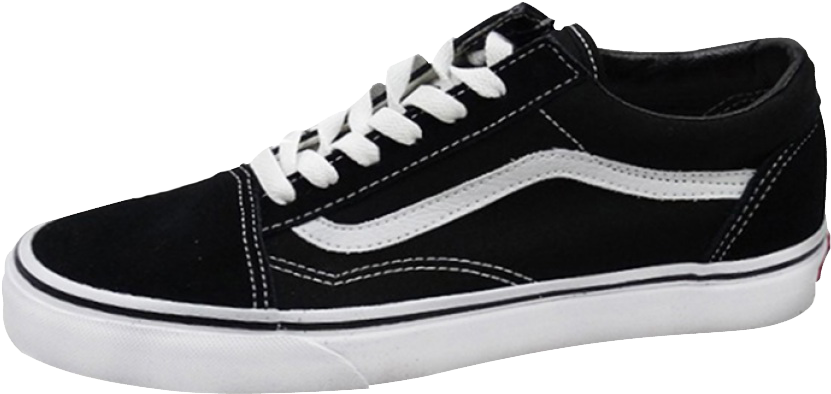 Vans 桌布 壁紙 — 經典黑色Vans Old Skool運動鞋，搭配白色鞋帶和標誌性側條紋，置於純黑背景上。