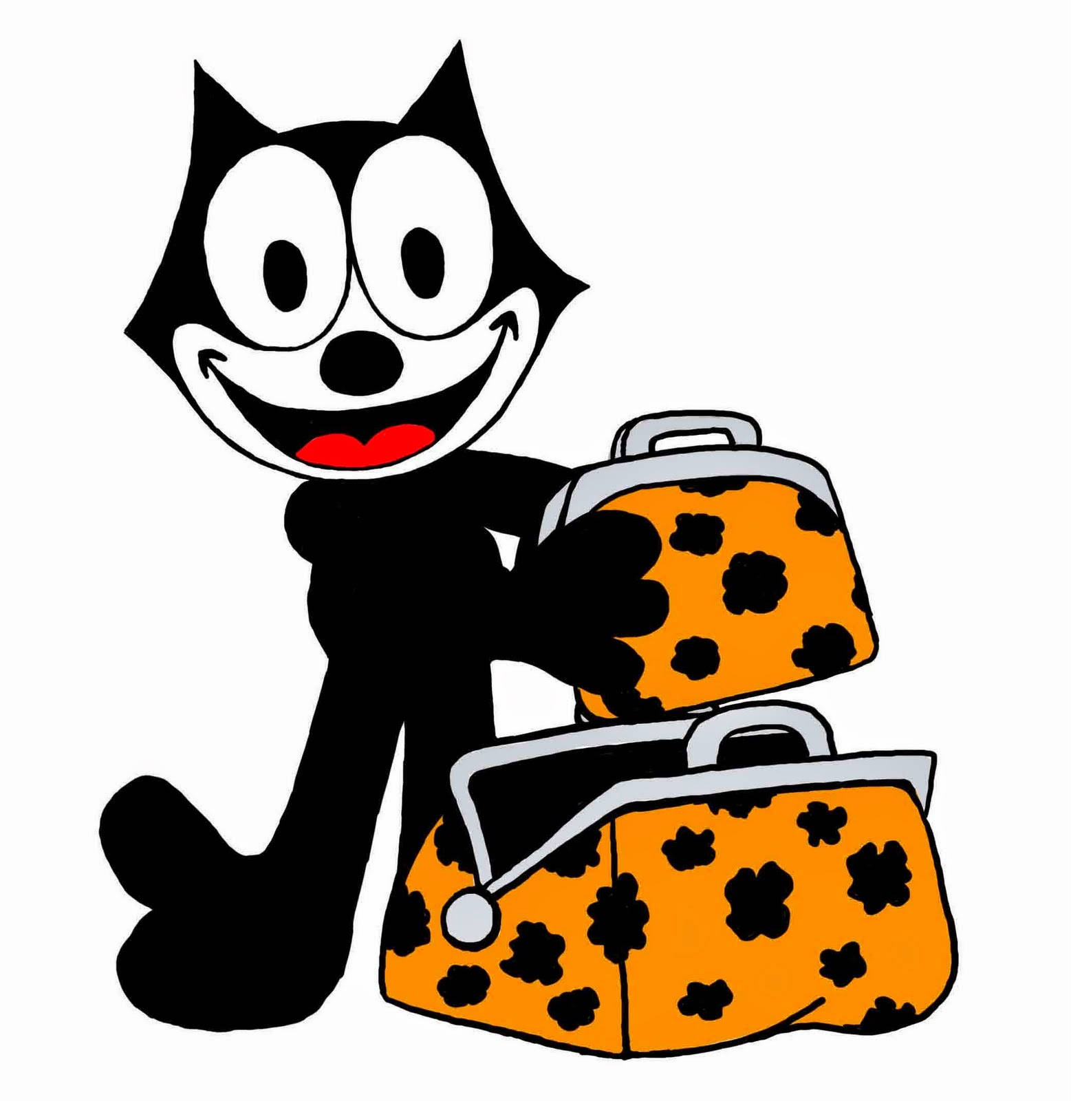 Felix The Cat 桌布 壁紙 — 經典黑色卡通貓，大眼睛和紅唇，愉快地拿著兩個橙色斑點行李箱。