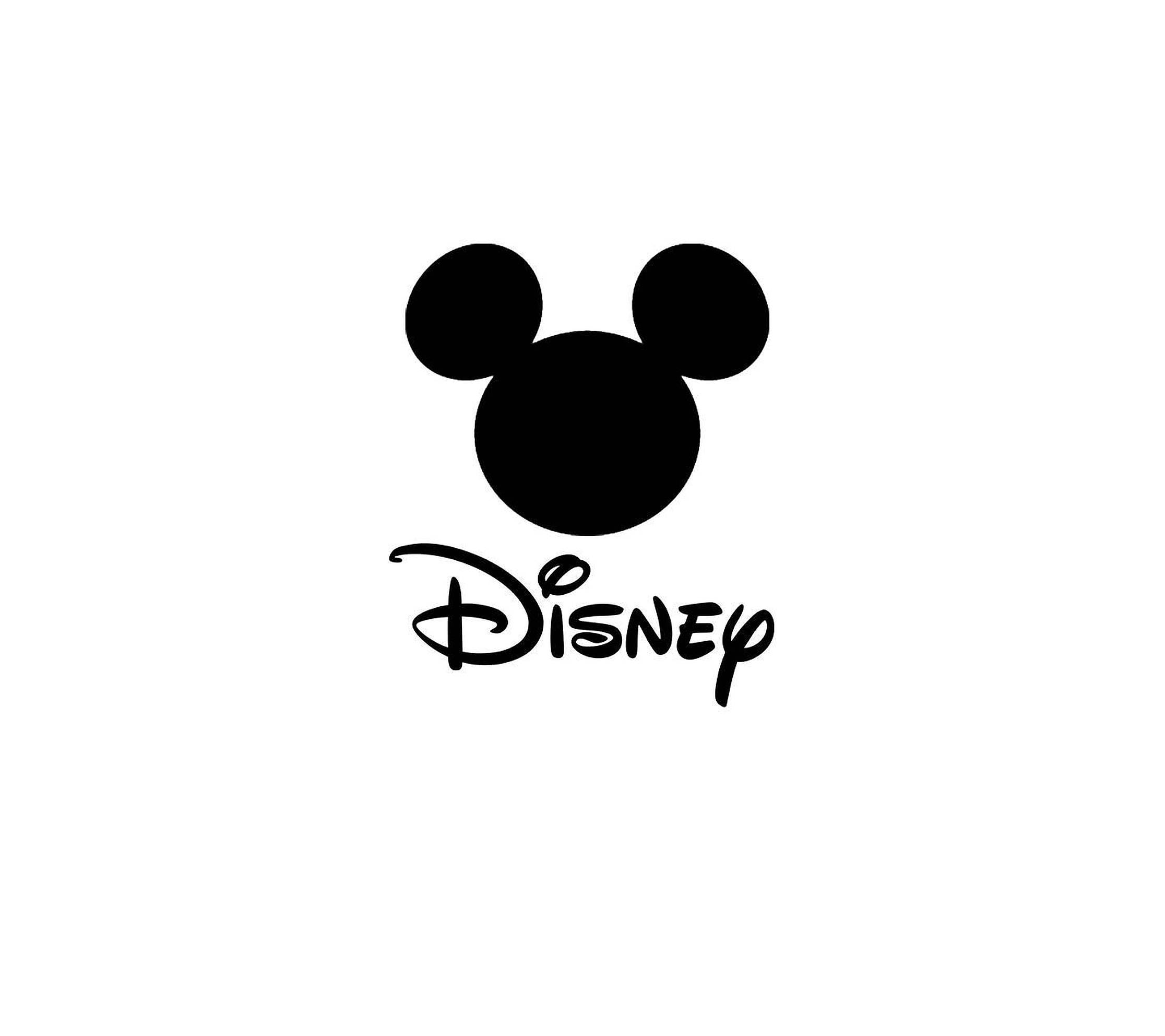Disney Logo 桌布 壁紙 — 經典黑色米奇老鼠頭剪影，中央帶有迪士尼標誌性字體標誌，置於純白背景上。