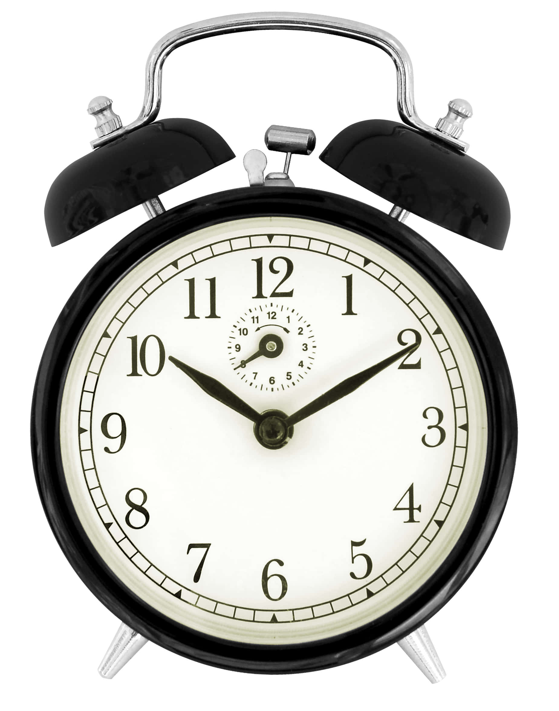 Clock 桌布 壁紙 — 經典黑色鬧鐘，帶雙鈴和模擬錶盤，在潔白背景上顯示時間。