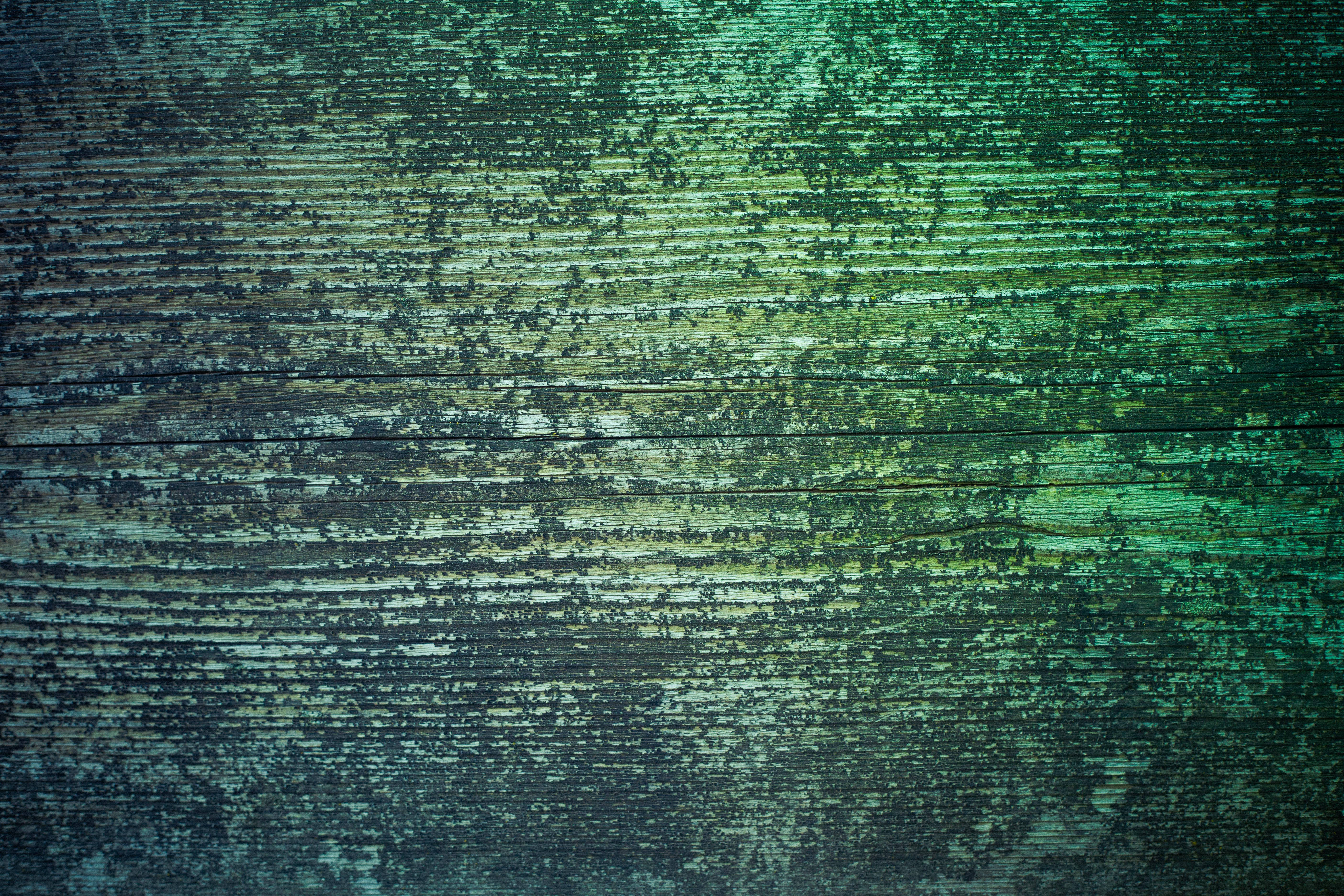 texture 桌布 壁紙 — 經風化的木板上剝落的綠色油漆，在氣氛燈光下顯露出層層紋理和木紋。