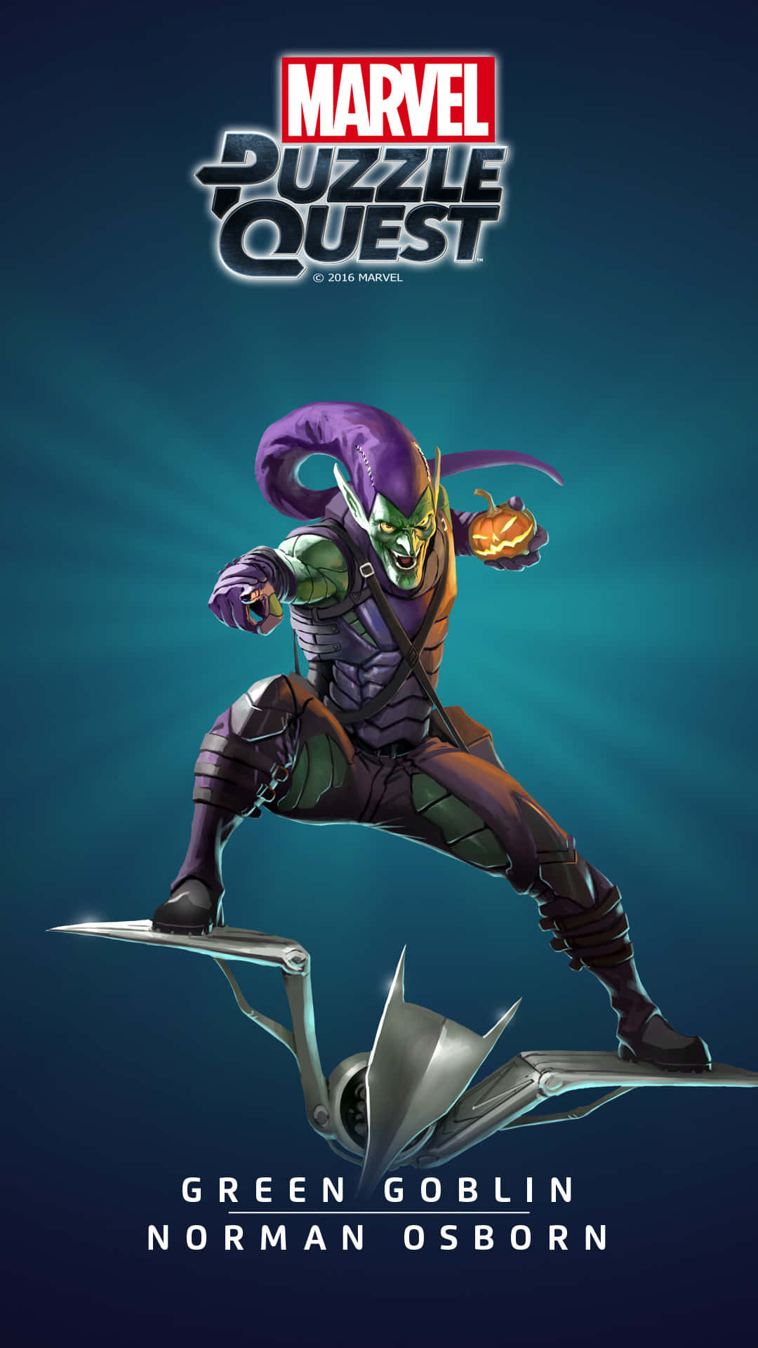 Norman Osborn 桌布 壁紙 — 綠惡魔諾曼·奧斯本站在懸浮滑板上，背景是深藍綠色漸變色。