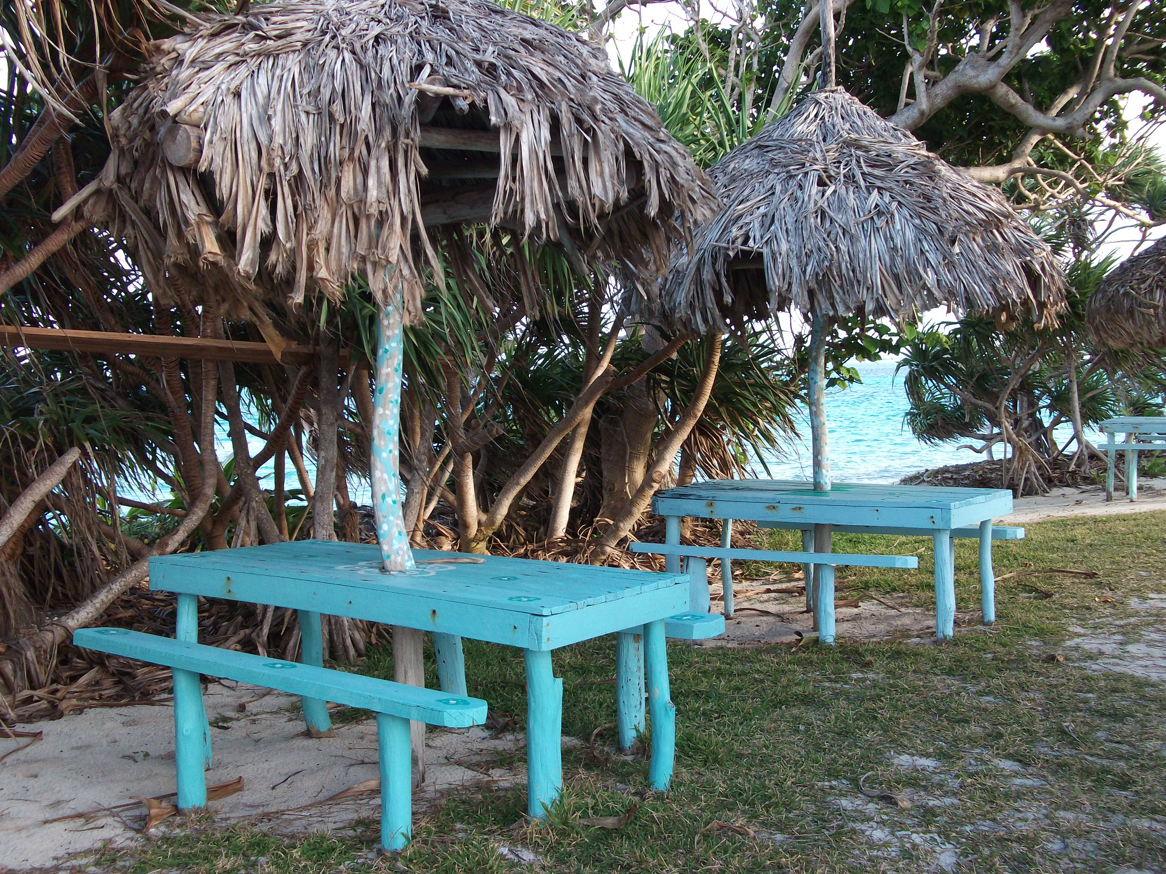 Vanuatu 桌布 壁紙 — 綠松色野餐桌在茅草傘下，位於草地，靠近有綠松色海水的熱帶海灘。