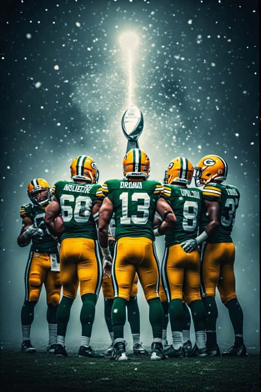 football Epic Team Huddle 壁紙 — 綠灣包裝工的美式足球員身穿綠色和金色制服，在飄雪中聚集，隆巴迪獎盃在他們上方發光。