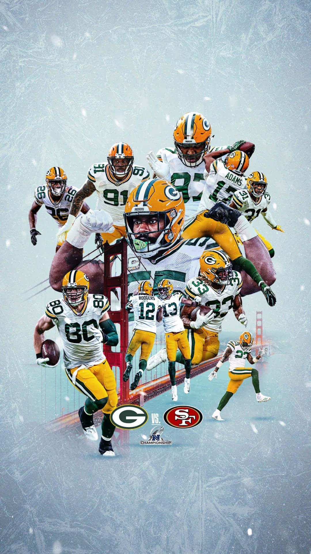 Packers 桌布 壁紙 — 綠灣包裝工美式足球員以動態動作姿勢疊加在白雪皚皚的金門大橋背景上。