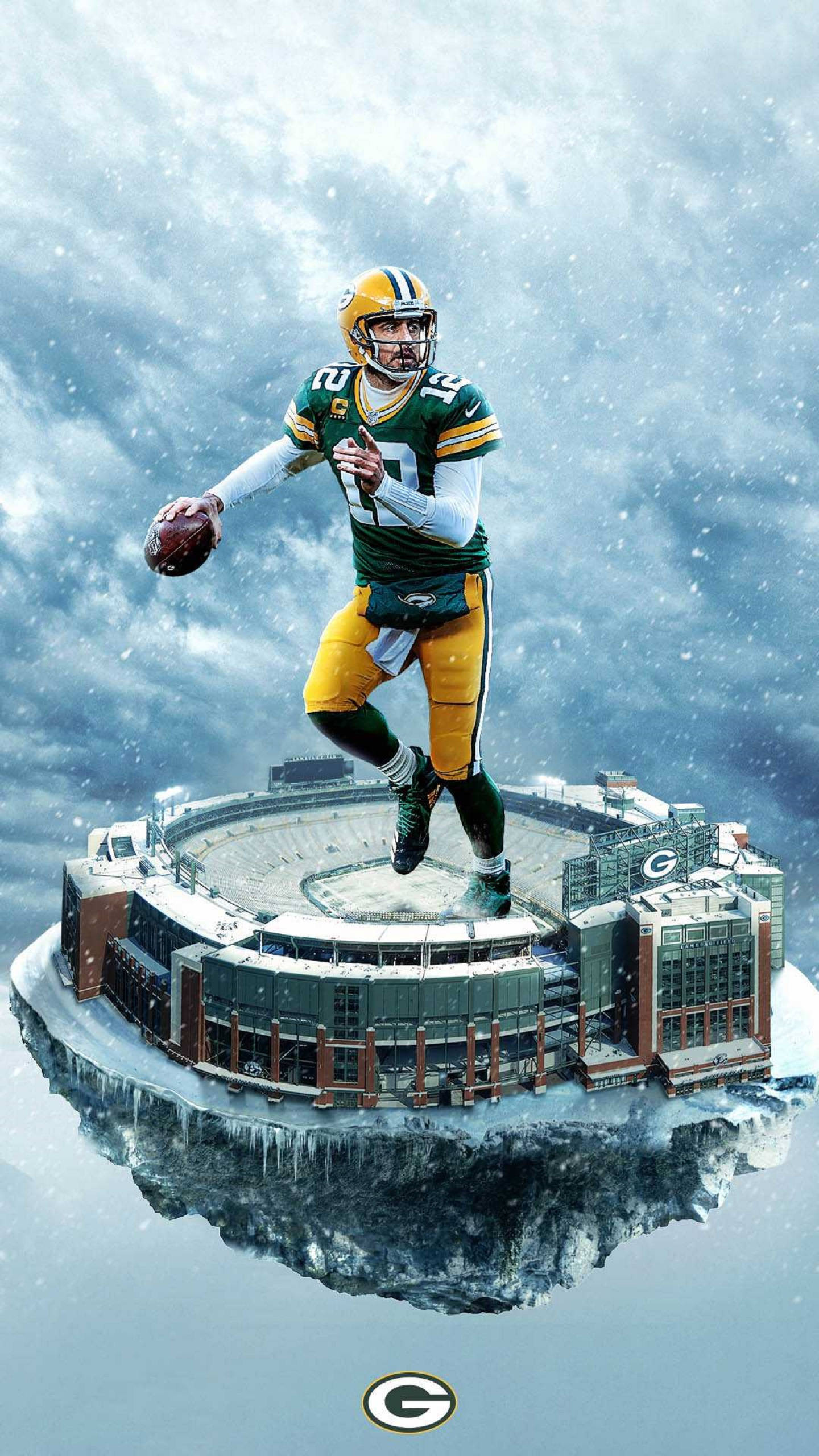Aaron Rodgers 桌布 壁紙 — 綠灣包裝工隊的四分衛在暴風雨的天空下，在漂浮的積雪覆蓋的體育場上方騰空跳躍。
