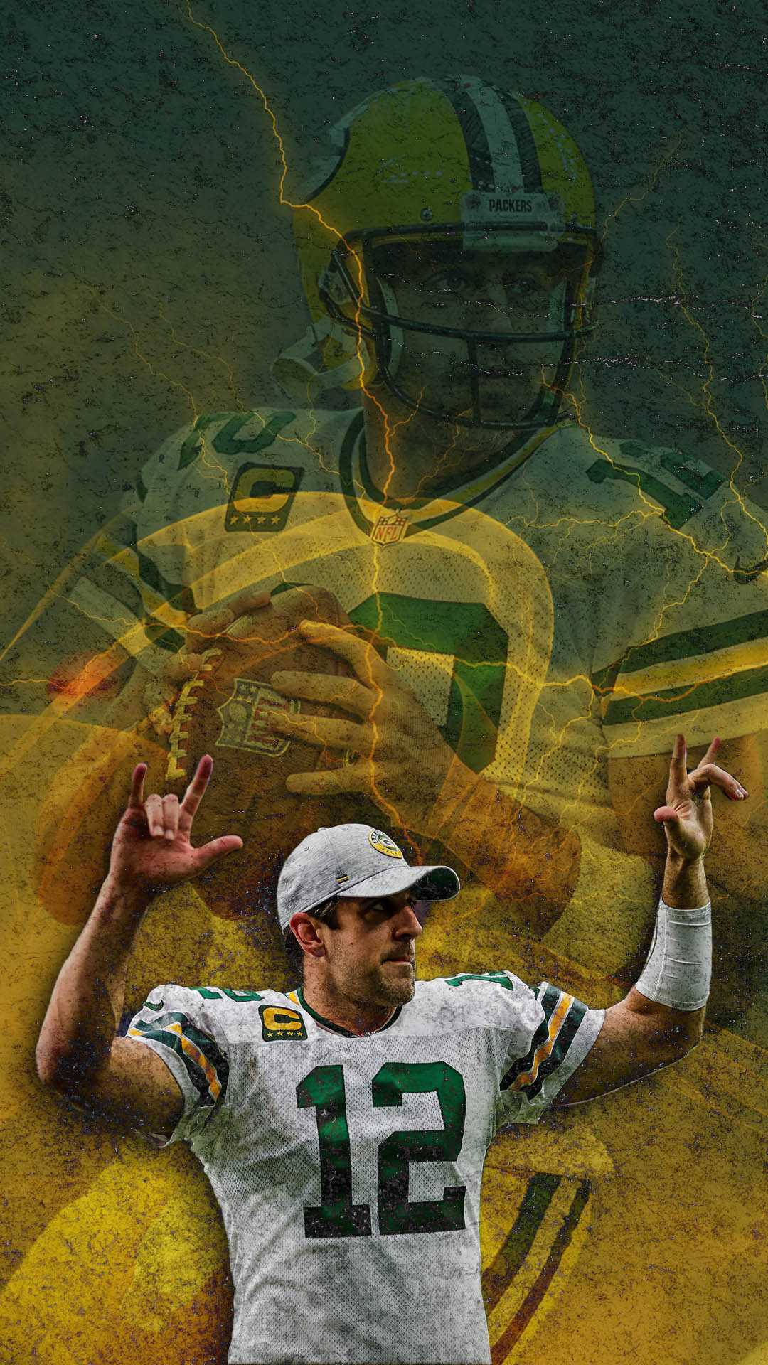 Aaron Rodgers 桌布 壁紙 — 綠灣包裝工隊的四分衛身穿12號球衣，身後有閃電效果，做出搖滾手勢。