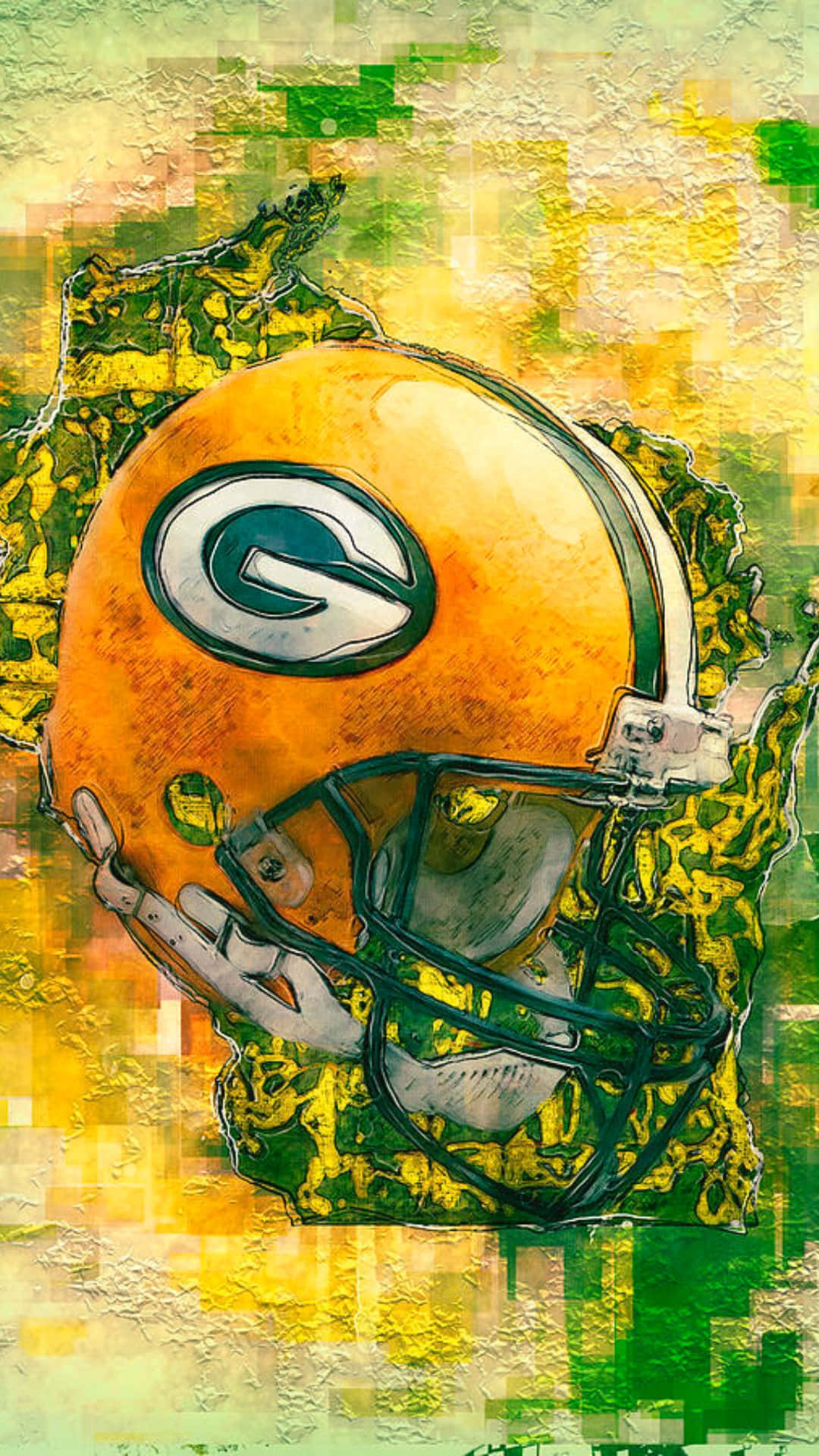 Packers 桌布 壁紙 — 綠灣包裝工隊美式足球頭盔的鮮豔藝術渲染，採用大膽的綠色和金色以及紋理筆觸效果。