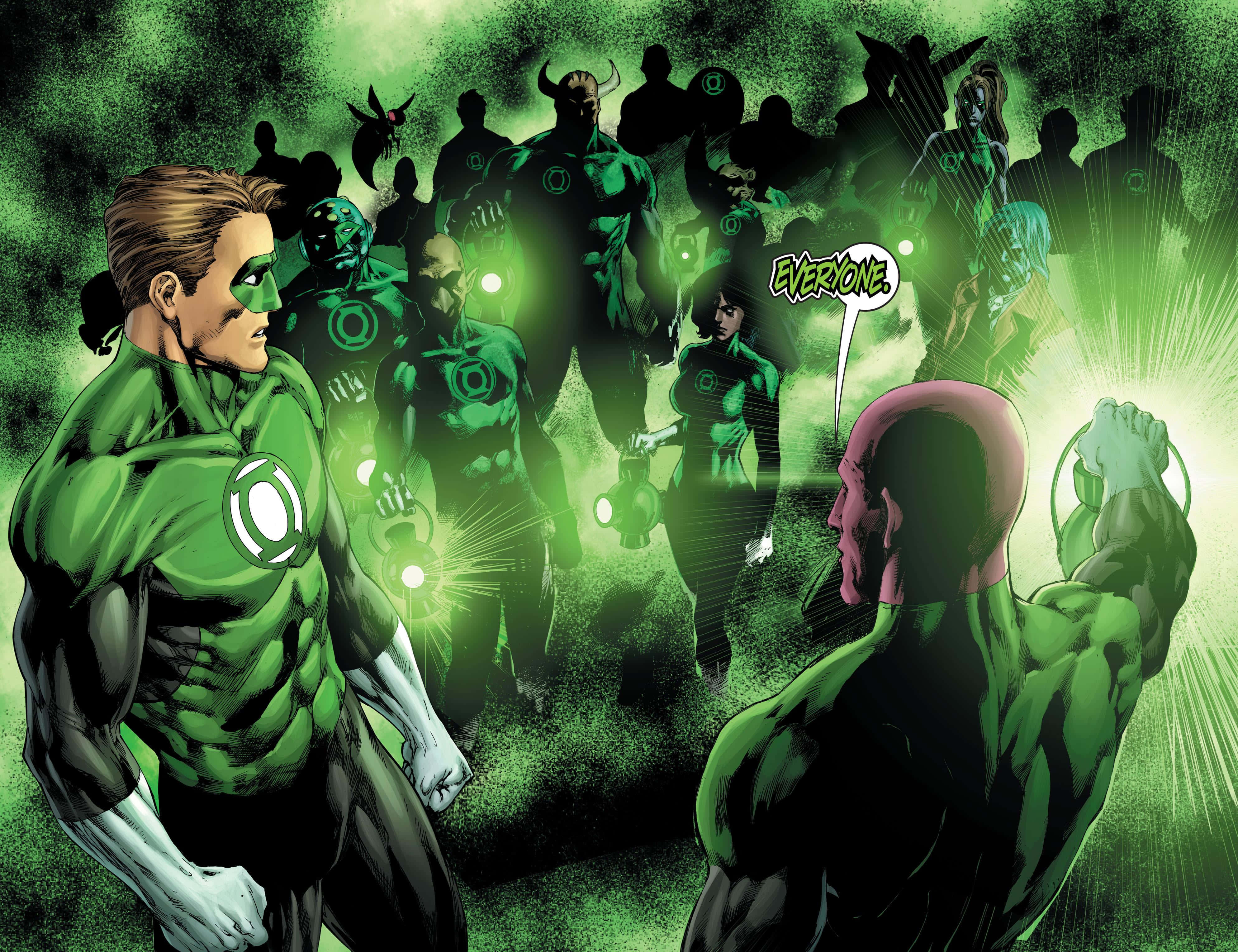 Green Lantern 桌布 壁紙 — 綠燈俠以發光的綠色陣型站立，面對一個禿頭對手，在戲劇性的漫畫場景中。
