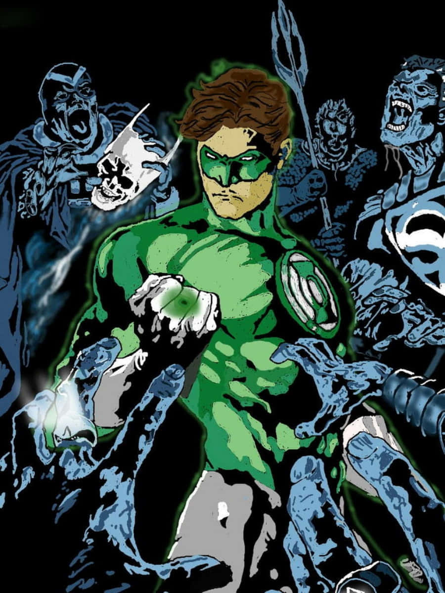 Blackest Night 桌布 壁紙 — 綠燈俠以粗獷的漫畫風格，在黑色虛空中被藍皮膚的威脅敵人包圍，表現出挑釁姿態。