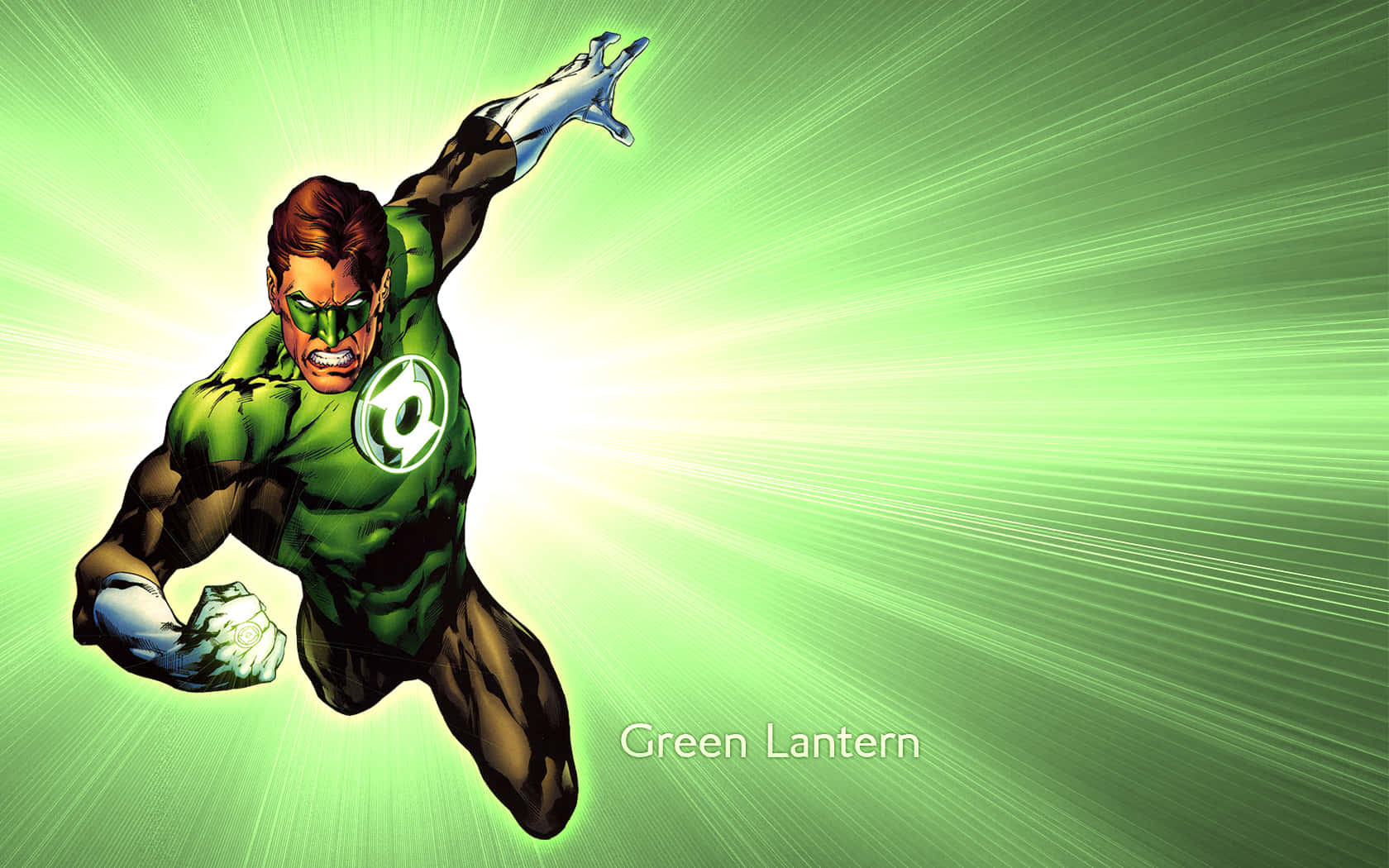Green Lantern 桌布 壁紙 — 綠燈俠向前飛翔，身體散發出發光的綠色能量，背景是充滿活力的綠色。