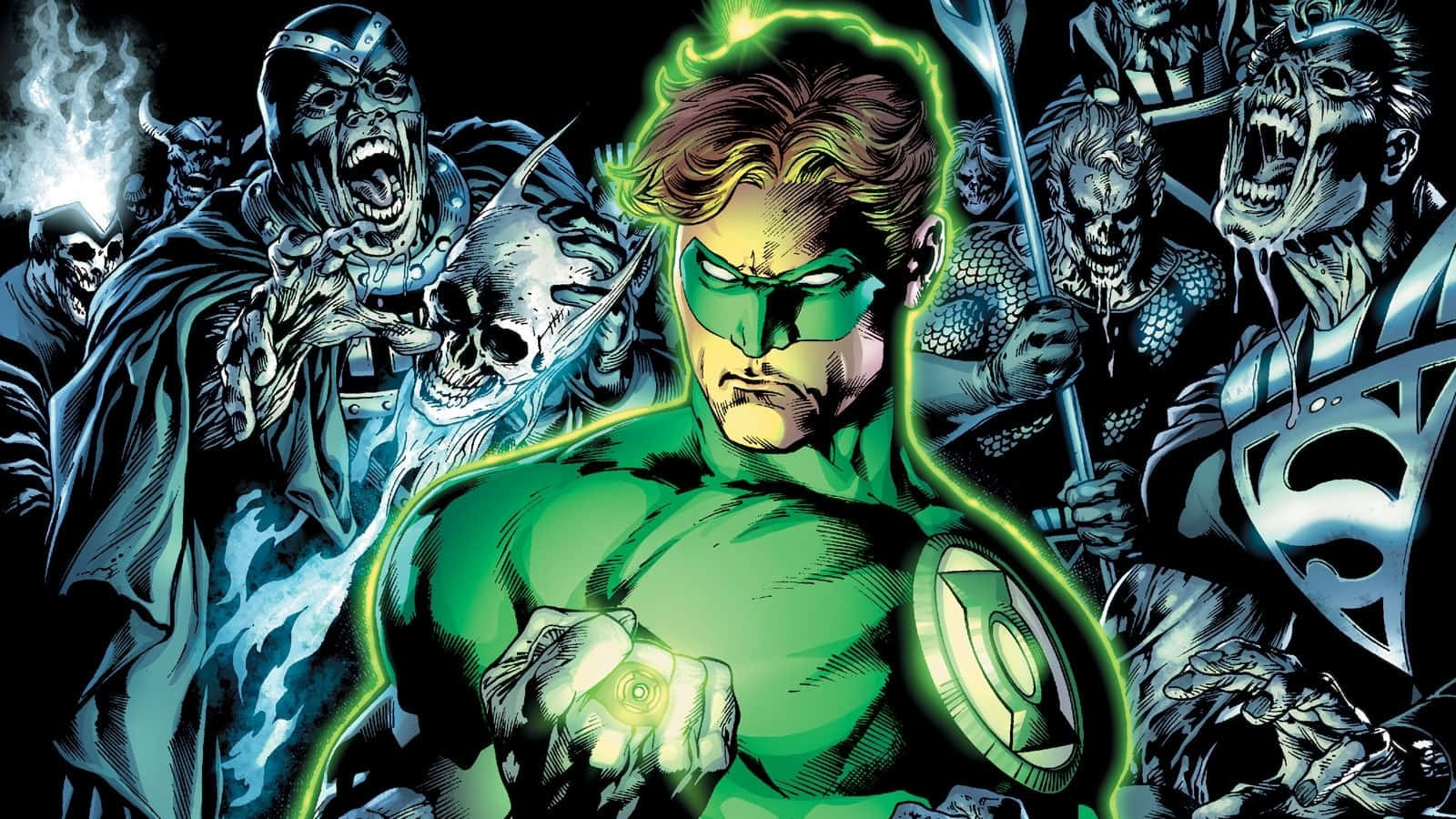 Blackest Night 桌布 壁紙 — 綠燈俠在一個黑暗的漫畫場景中挑釁地站著，周圍是威脅性的殭屍般反派。