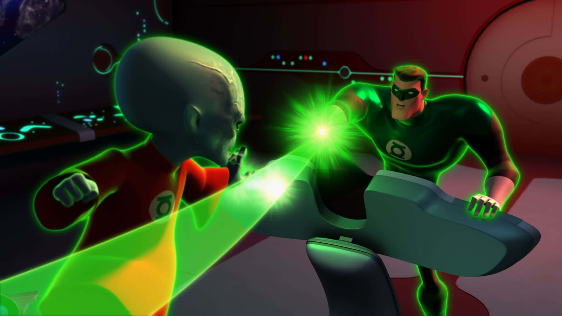 Animated 桌布 壁紙 — 綠燈俠與一個光頭外星人在一個未來主義的駕駛艙中碰撞，發出發光的綠色能量光束。
